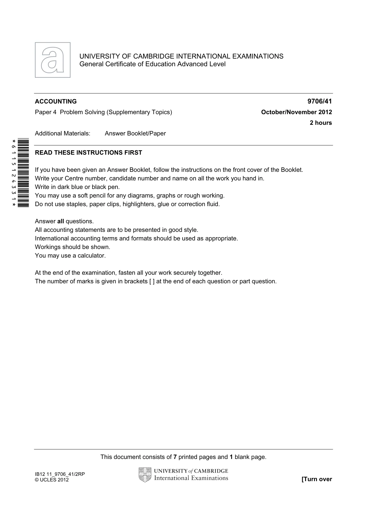 Cambridge A Level Accounting 9706 2012 Oct/Nov Paper 4 · Variant 1 question paper, page 1 of 8