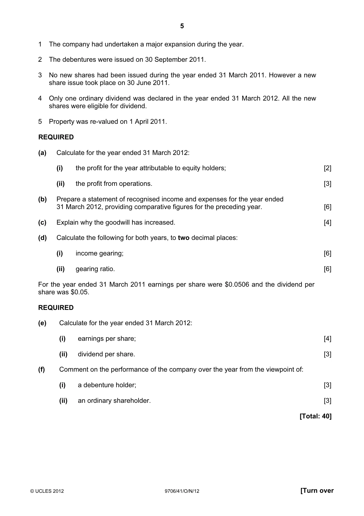 Cambridge A Level Accounting 9706 2012 Oct/Nov Paper 4 · Variant 1 question paper, page 5 of 8