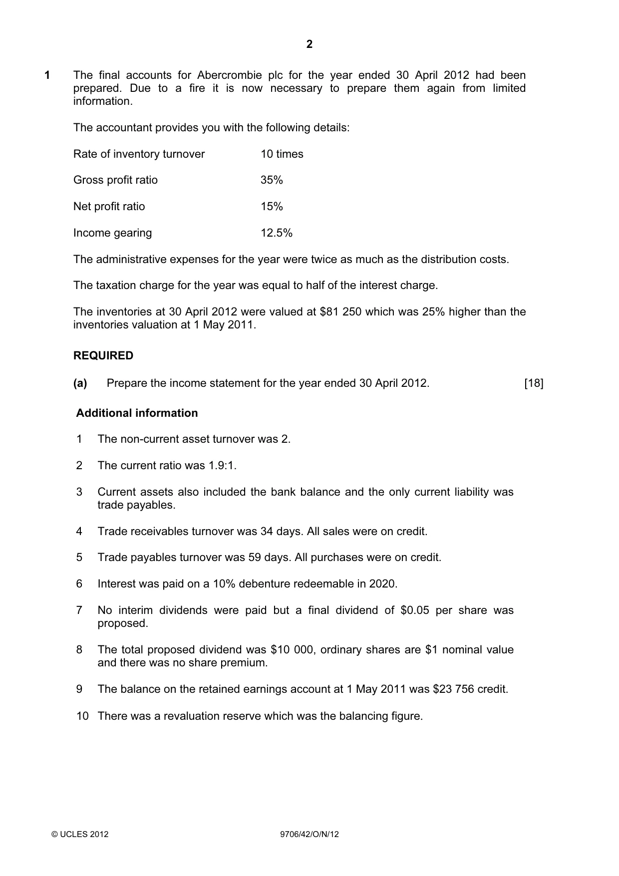 Cambridge A Level Accounting 9706 2012 Oct/Nov Paper 4 · Variant 2 question paper, page 2 of 8
