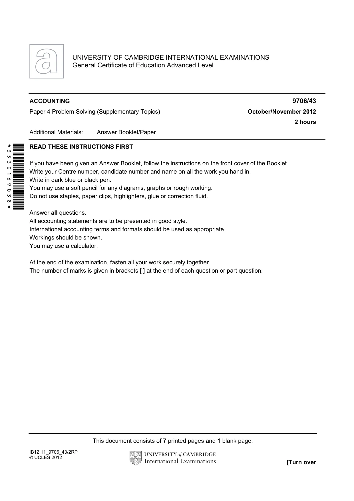 Cambridge A Level Accounting 9706 2012 Oct/Nov Paper 4 · Variant 3 question paper, page 1 of 8