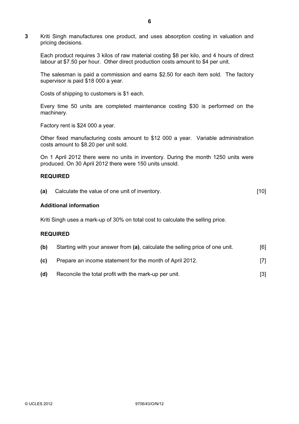 Cambridge A Level Accounting 9706 2012 Oct/Nov Paper 4 · Variant 3 question paper, page 6 of 8