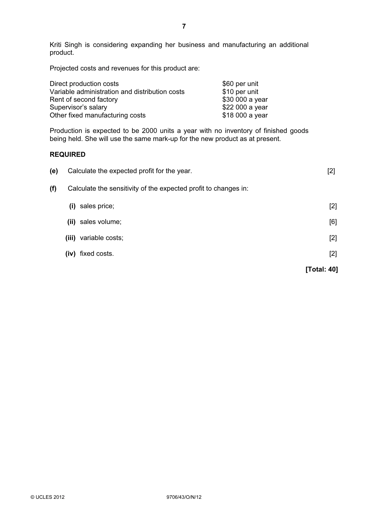 Cambridge A Level Accounting 9706 2012 Oct/Nov Paper 4 · Variant 3 question paper, page 7 of 8