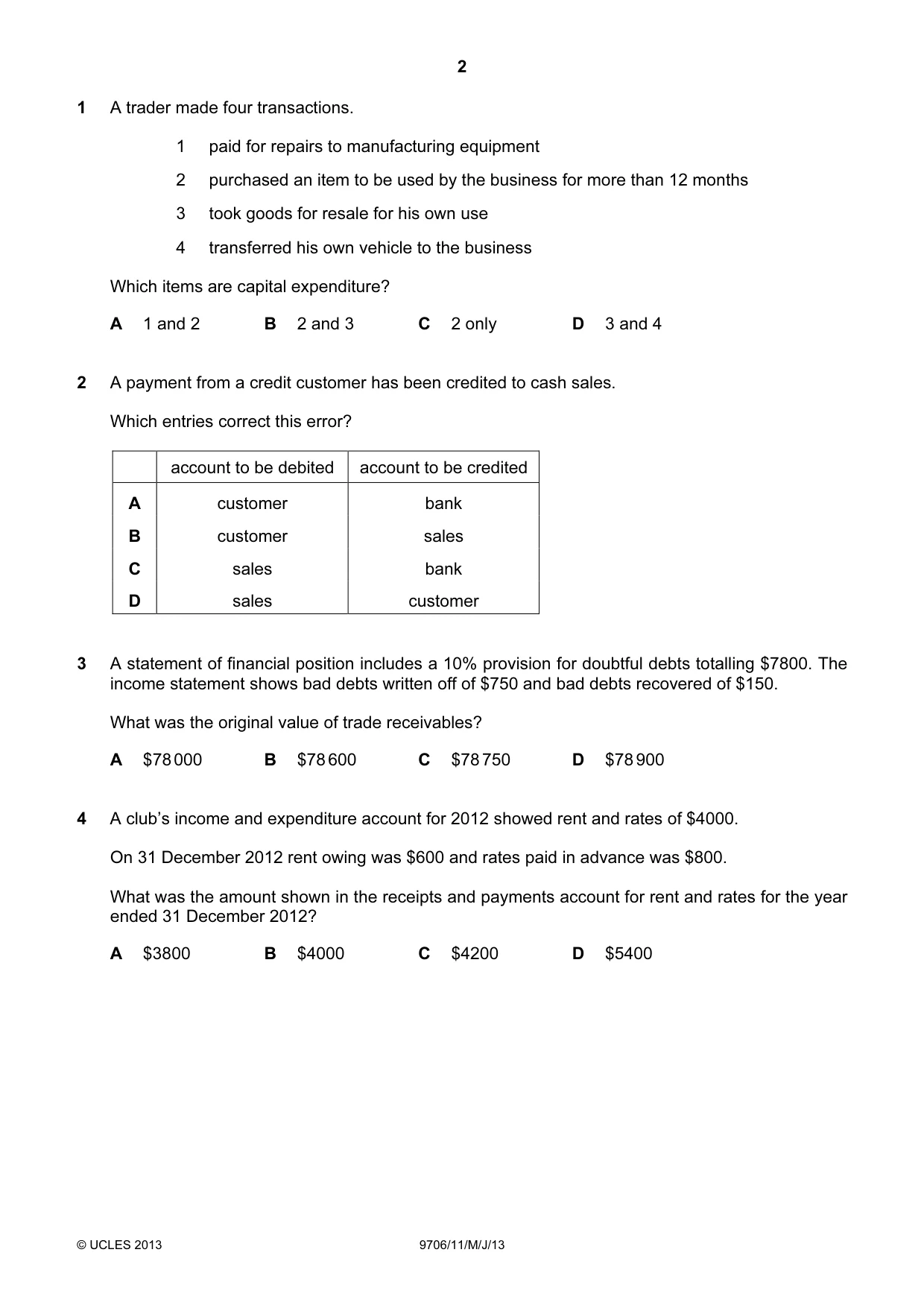 Cambridge A Level Accounting 9706 2013 May/June Paper 1 · Variant 1 question paper, page 2 of 12