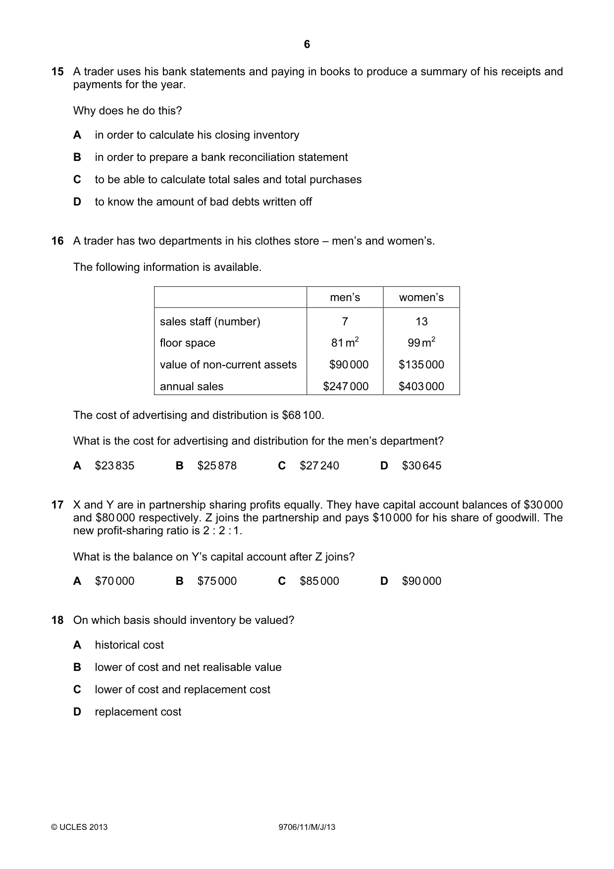 Cambridge A Level Accounting 9706 2013 May/June Paper 1 · Variant 1 question paper, page 6 of 12