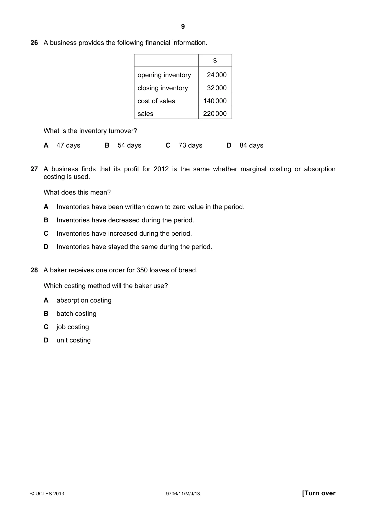 Cambridge A Level Accounting 9706 2013 May/June Paper 1 · Variant 1 question paper, page 9 of 12