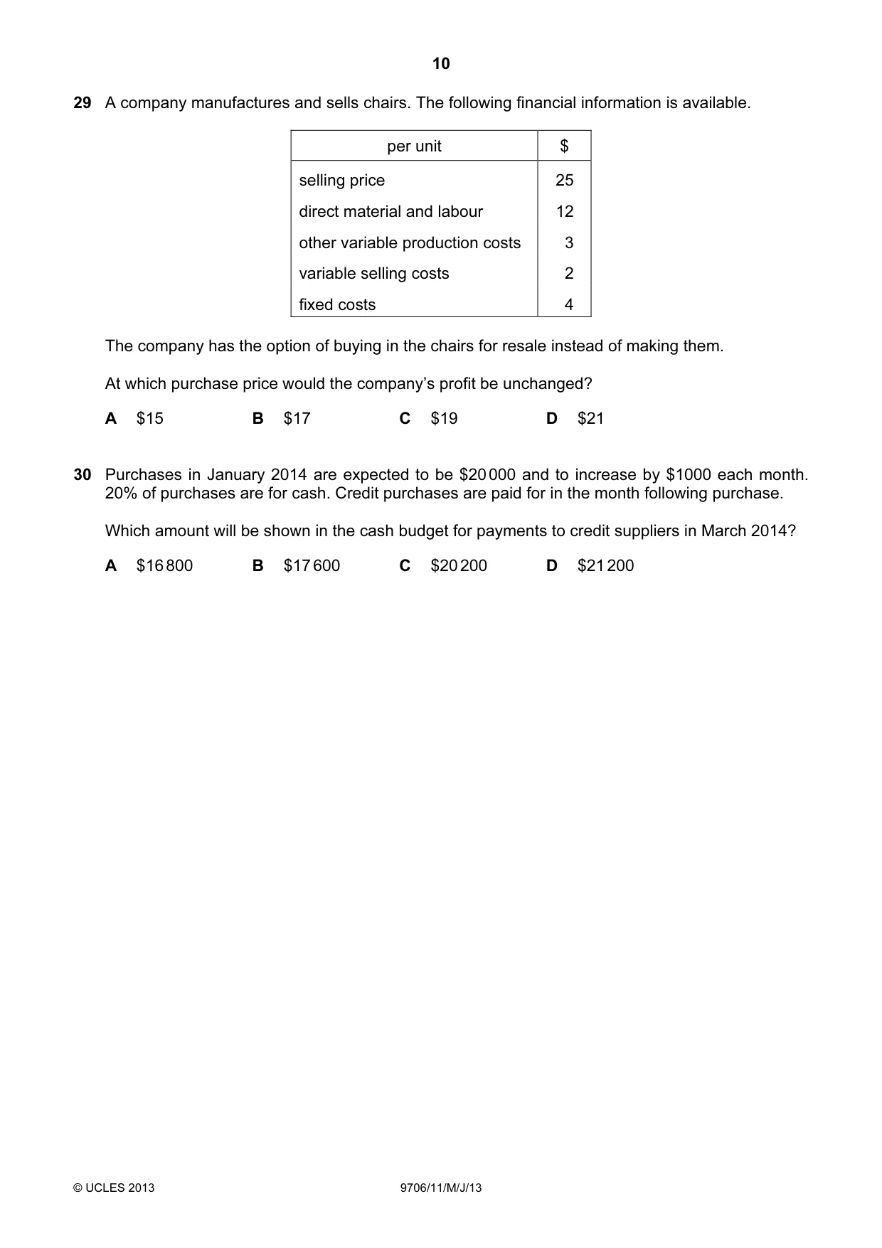 Cambridge A Level Accounting 9706 2013 May/June Paper 1 · Variant 1 question paper, page 10 of 12