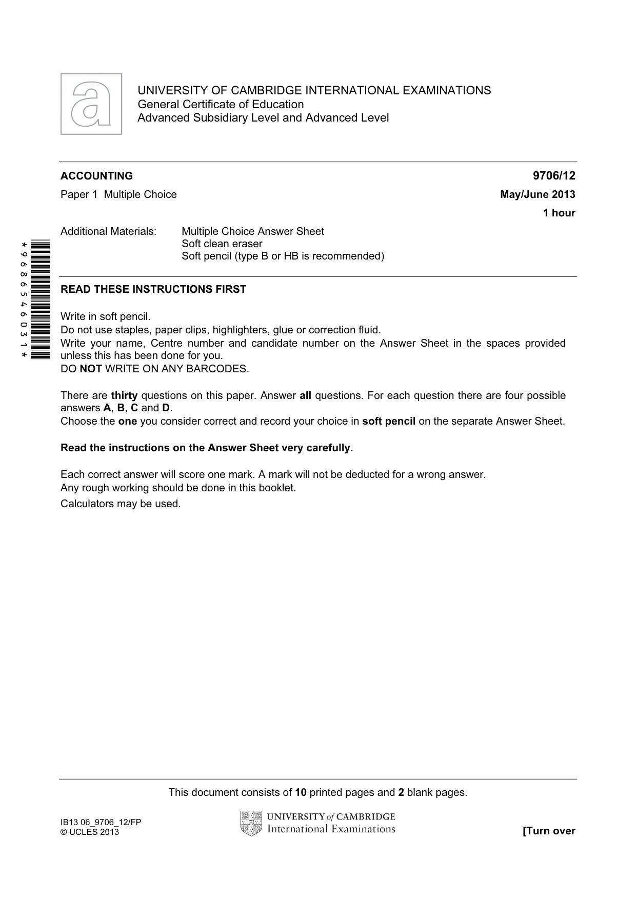 Cambridge A Level Accounting 9706 2013 May/June Paper 1 · Variant 2 question paper, page 1 of 12