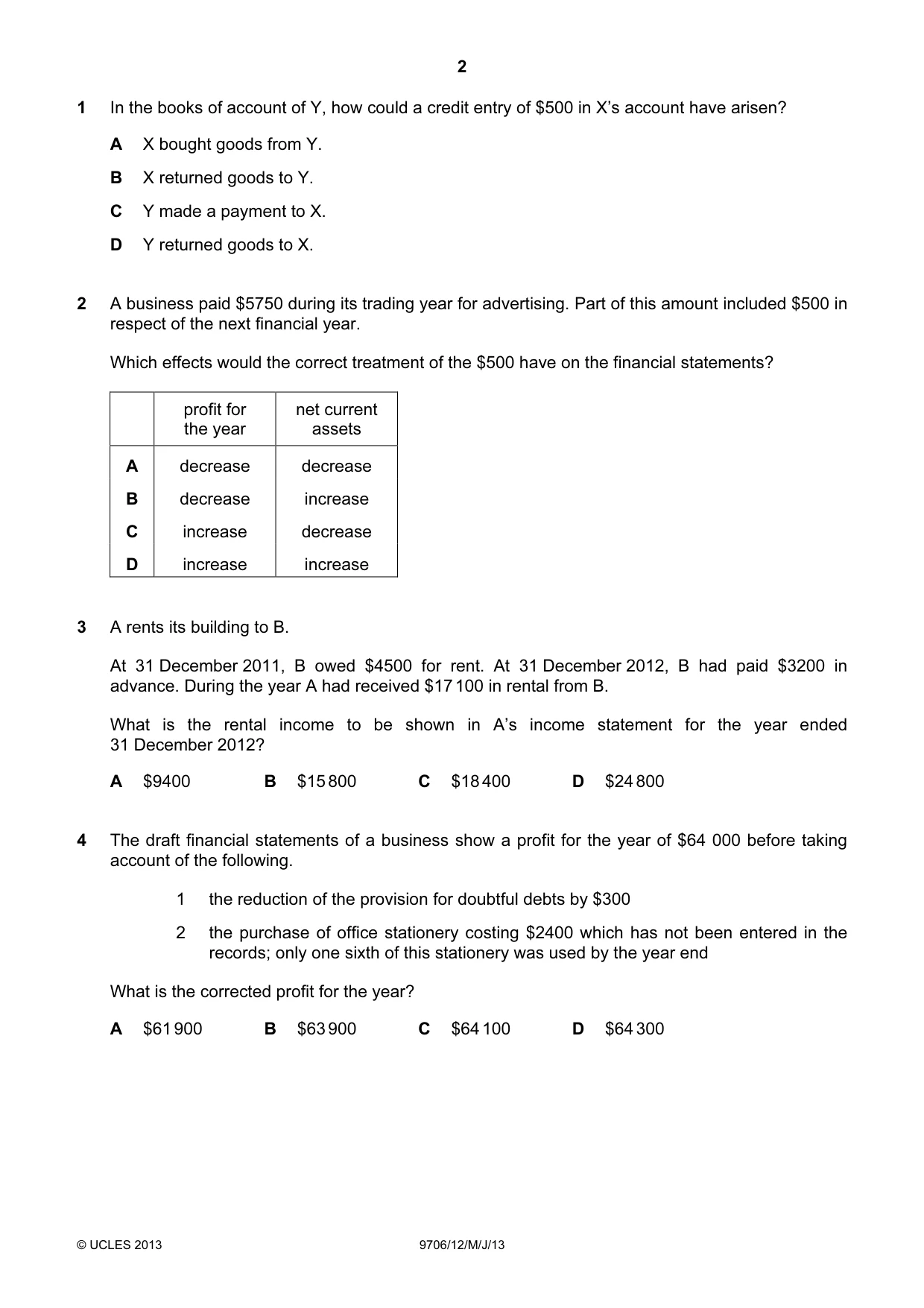 Cambridge A Level Accounting 9706 2013 May/June Paper 1 · Variant 2 question paper, page 2 of 12