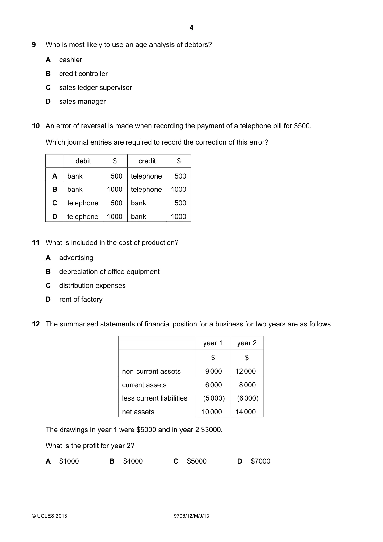 Cambridge A Level Accounting 9706 2013 May/June Paper 1 · Variant 2 question paper, page 4 of 12