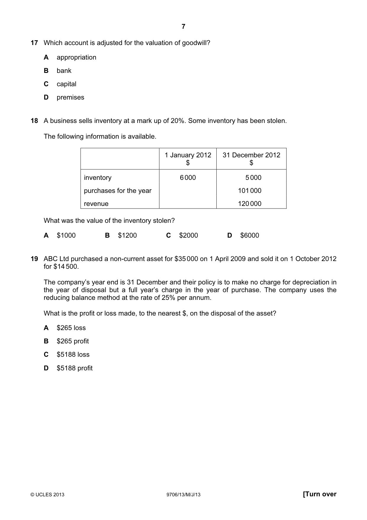 Cambridge A Level Accounting 9706 2013 May/June Paper 1 · Variant 3 question paper, page 7 of 12