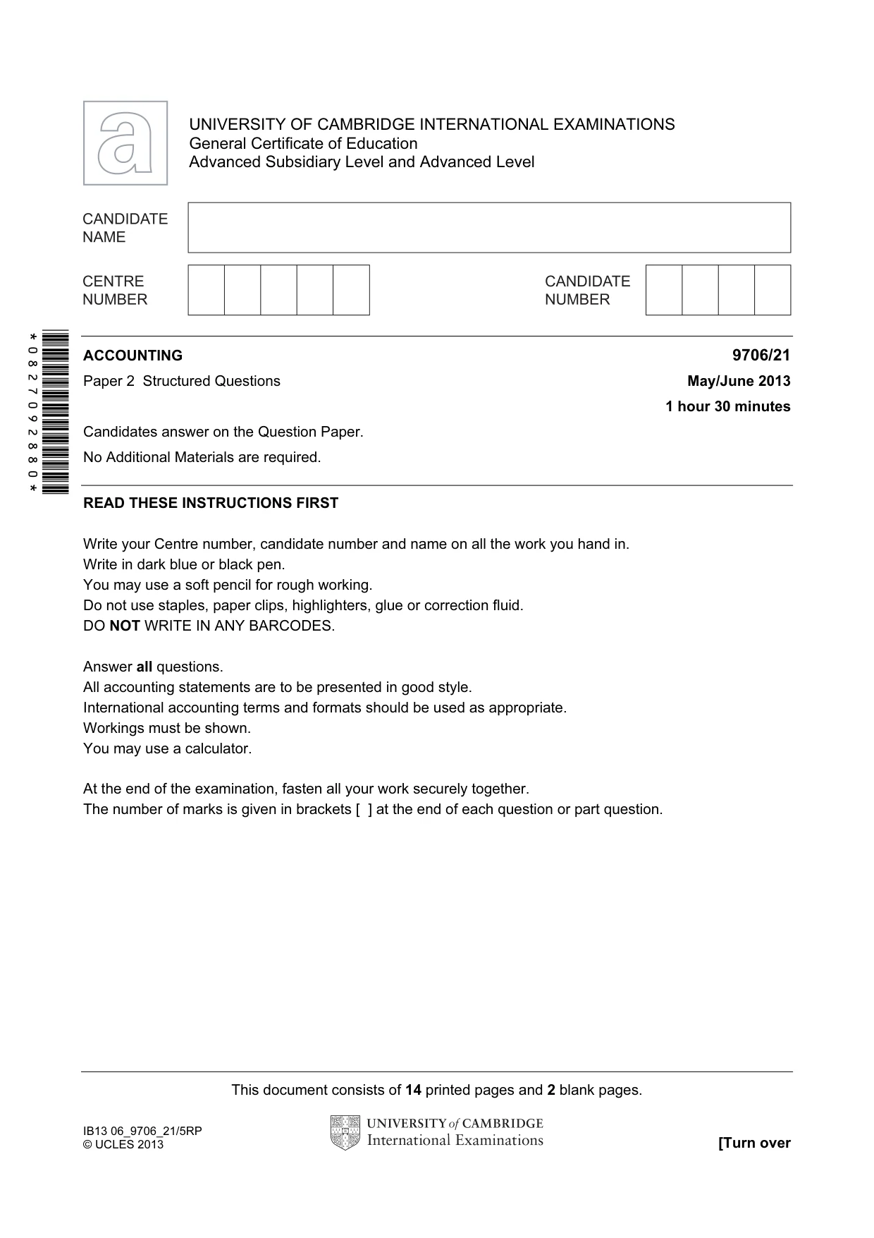 Cambridge A Level Accounting 9706 2013 May/June Paper 2 · Variant 1 question paper, page 1 of 16