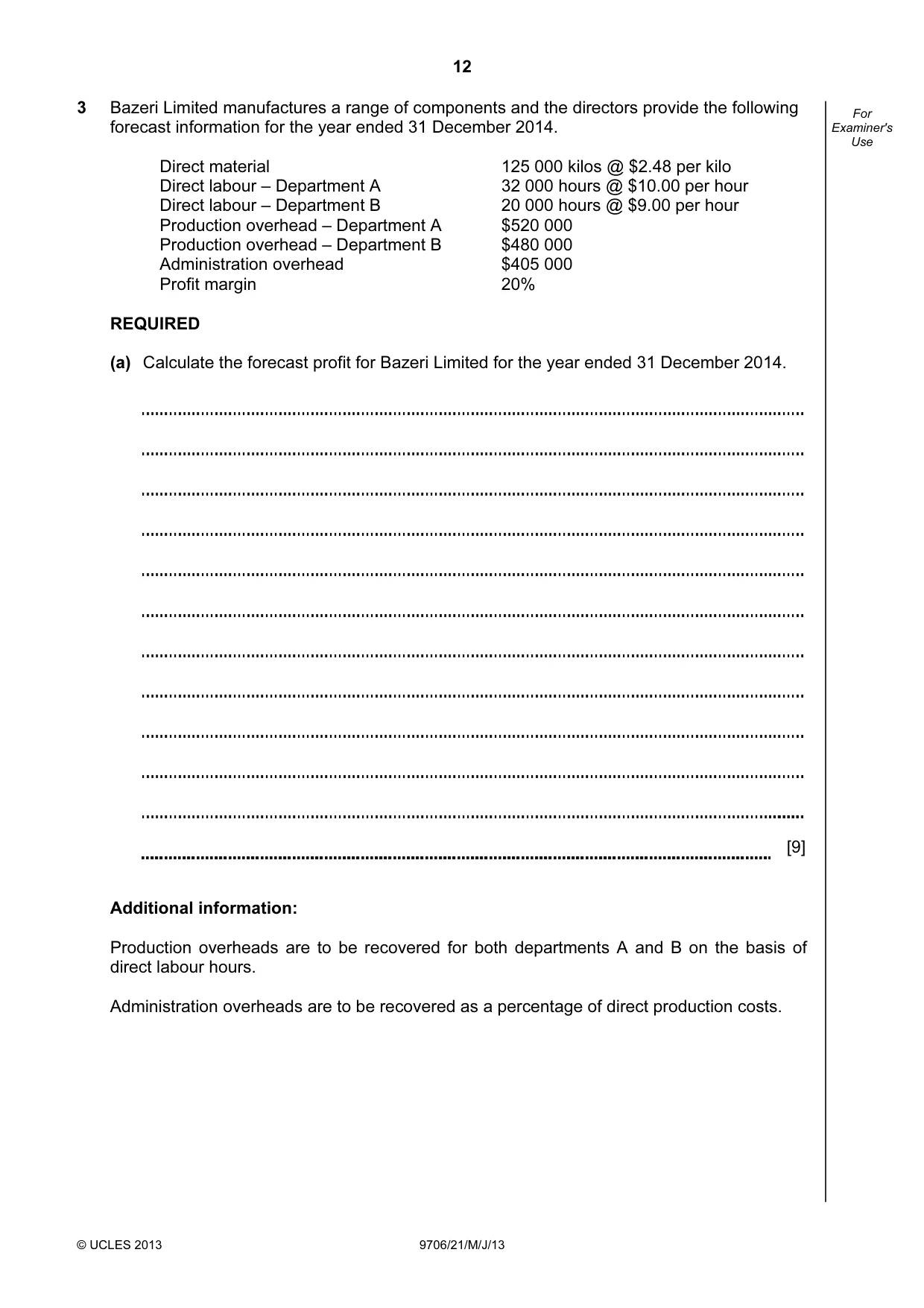 Cambridge A Level Accounting 9706 2013 May/June Paper 2 · Variant 1 question paper, page 12 of 16