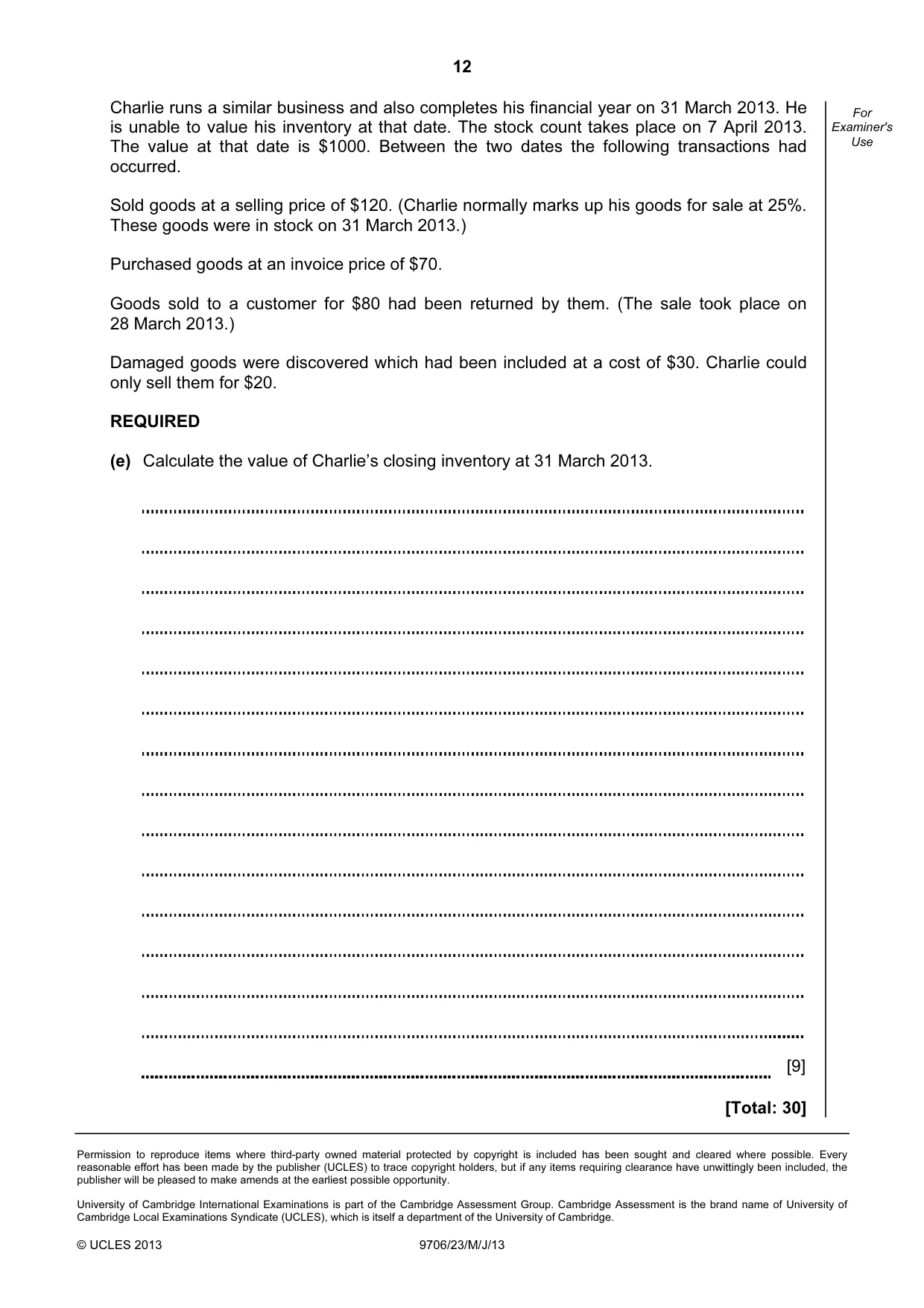 Cambridge A Level Accounting 9706 2013 May/June Paper 2 · Variant 3 question paper, page 12 of 12