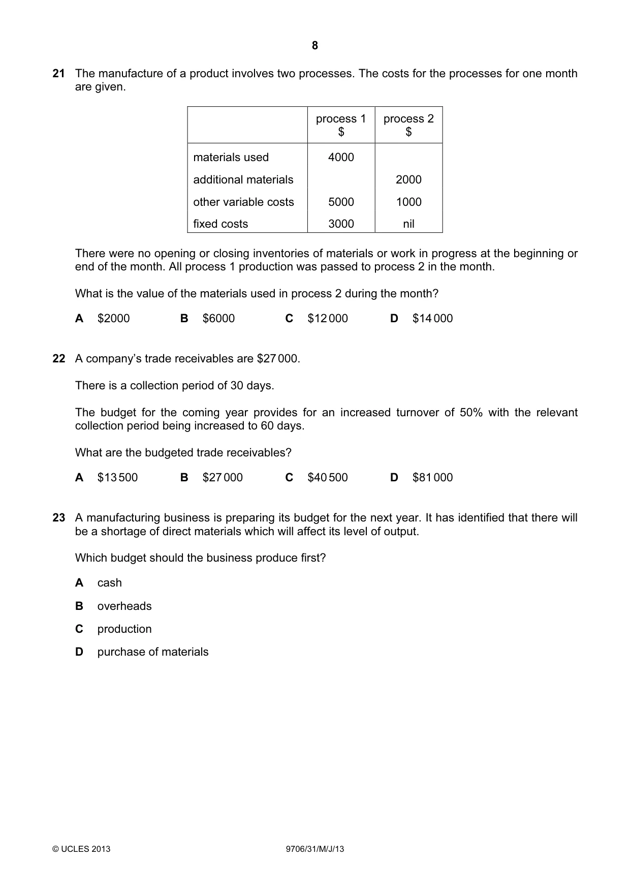 Cambridge A Level Accounting 9706 2013 May/June Paper 3 · Variant 1 question paper, page 8 of 12