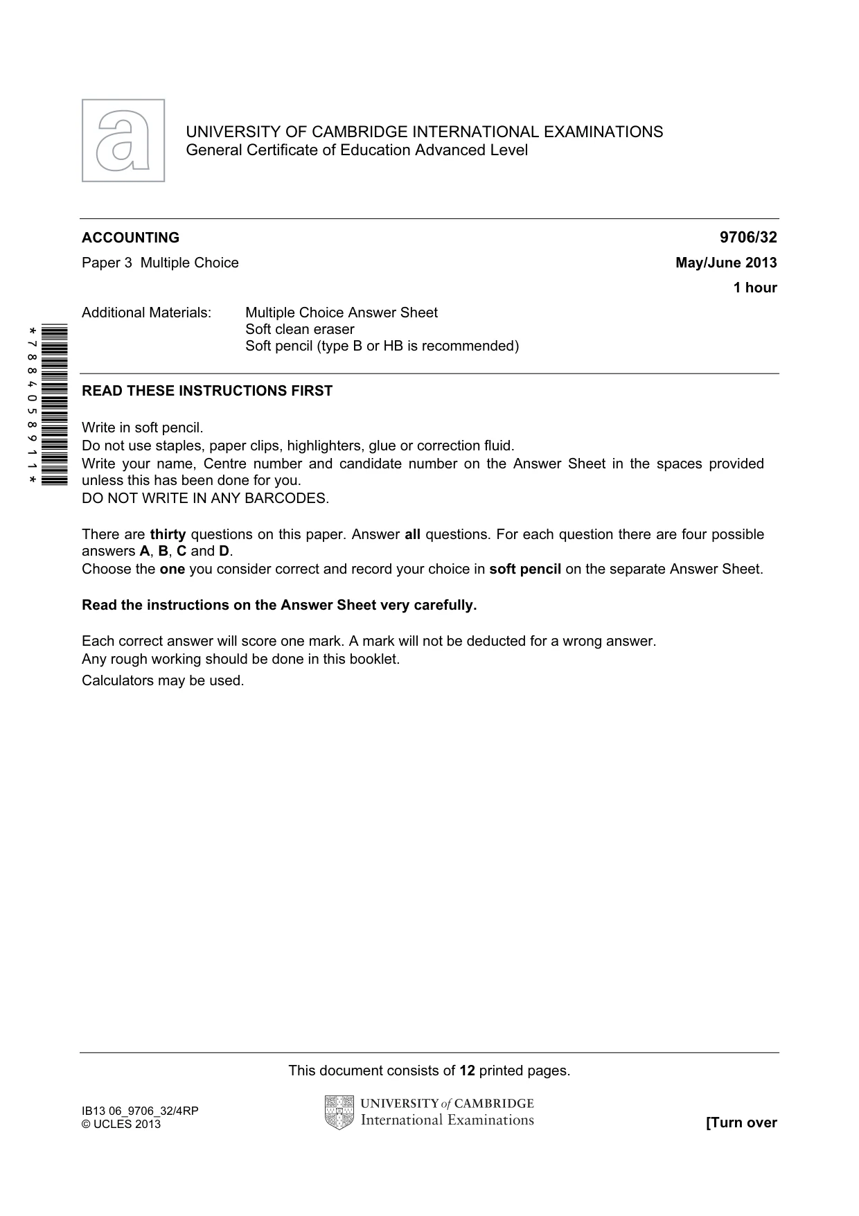 Cambridge A Level Accounting 9706 2013 May/June Paper 3 · Variant 2 question paper, page 1 of 12