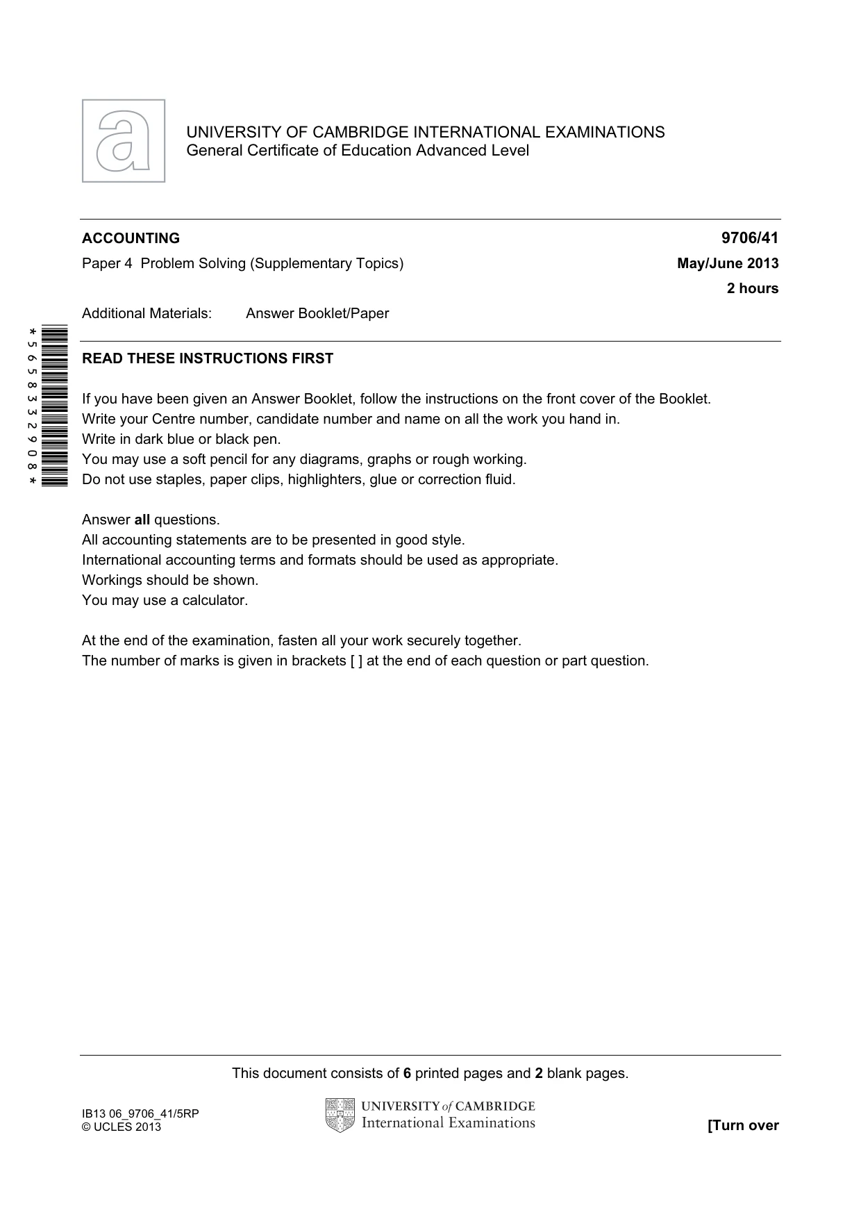 Cambridge A Level Accounting 9706 2013 May/June Paper 4 · Variant 1 question paper, page 1 of 8