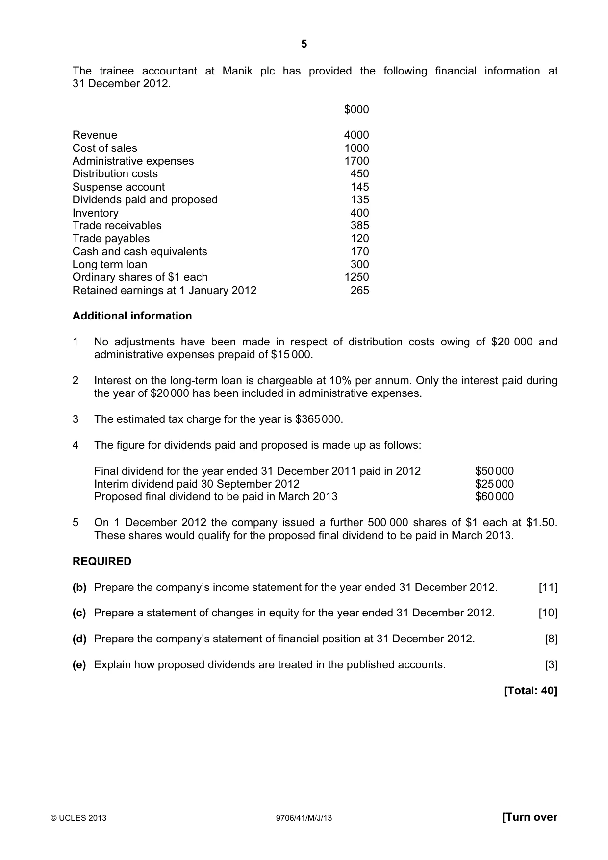 Cambridge A Level Accounting 9706 2013 May/June Paper 4 · Variant 1 question paper, page 5 of 8