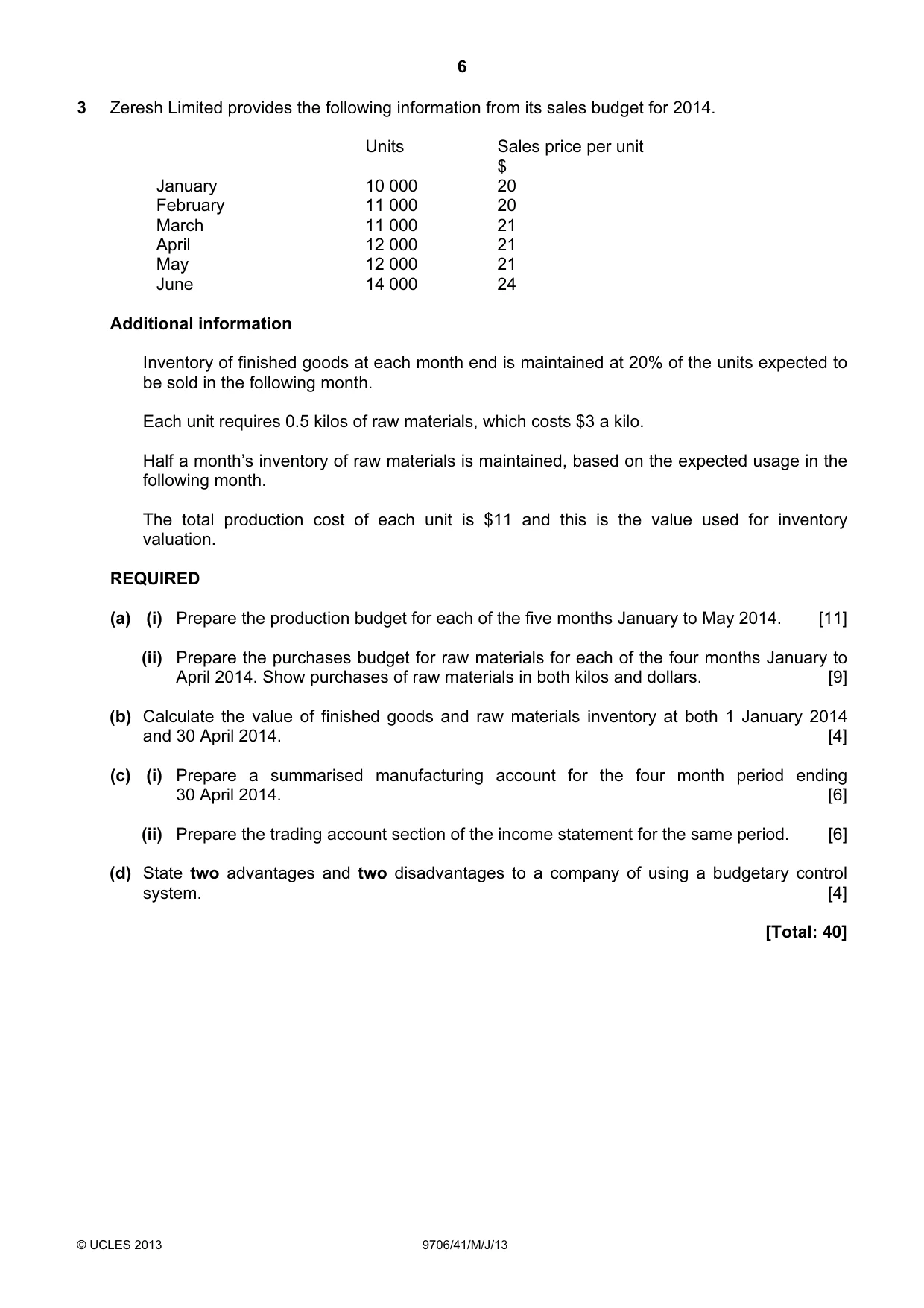 Cambridge A Level Accounting 9706 2013 May/June Paper 4 · Variant 1 question paper, page 6 of 8