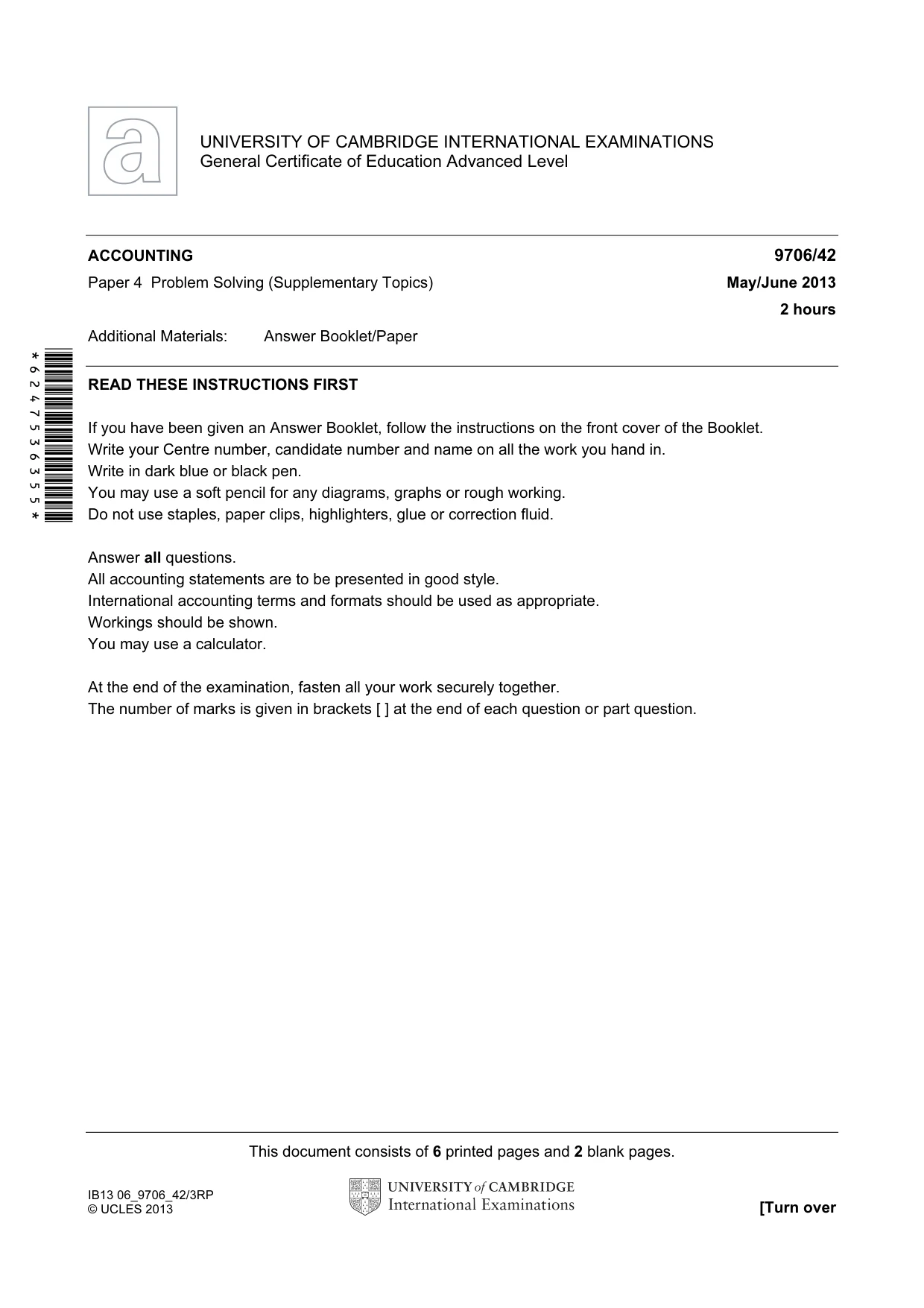 Cambridge A Level Accounting 9706 2013 May/June Paper 4 · Variant 2 question paper, page 1 of 8