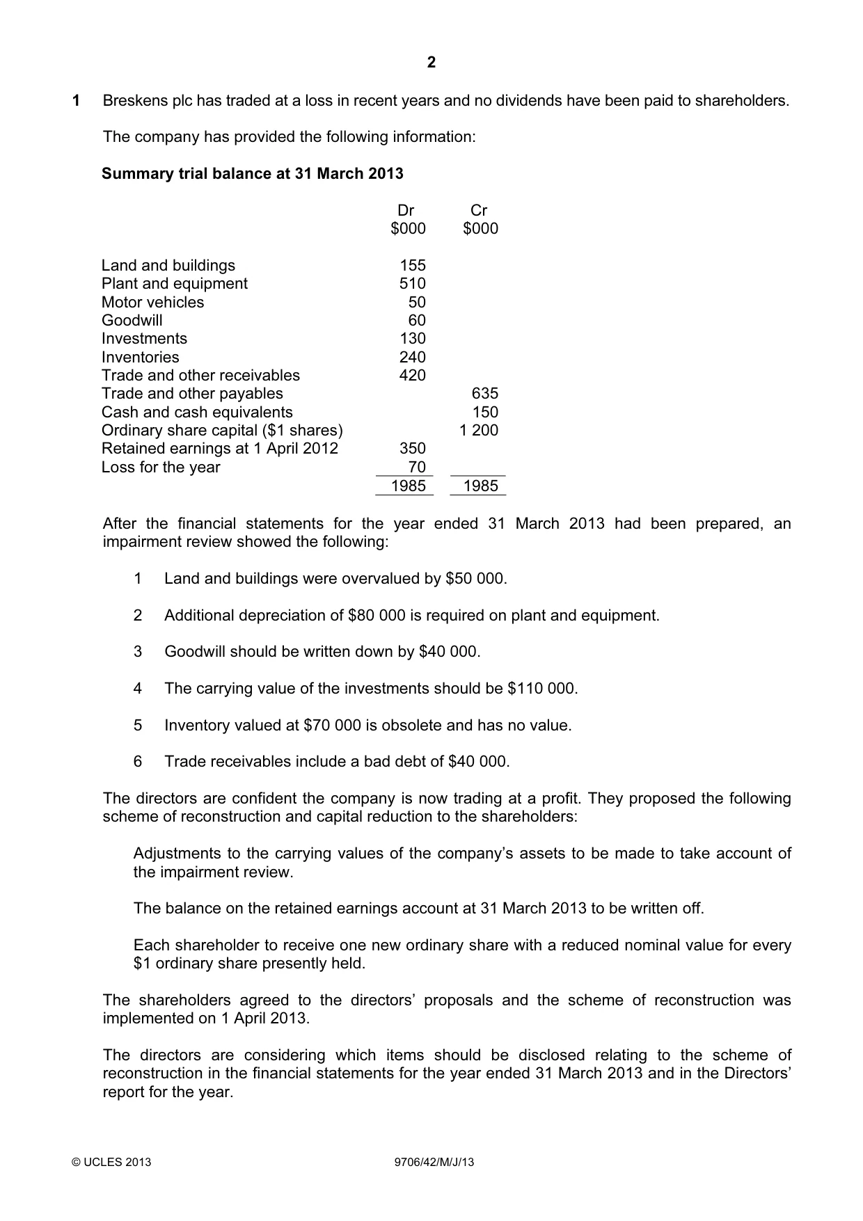 Cambridge A Level Accounting 9706 2013 May/June Paper 4 · Variant 2 question paper, page 2 of 8