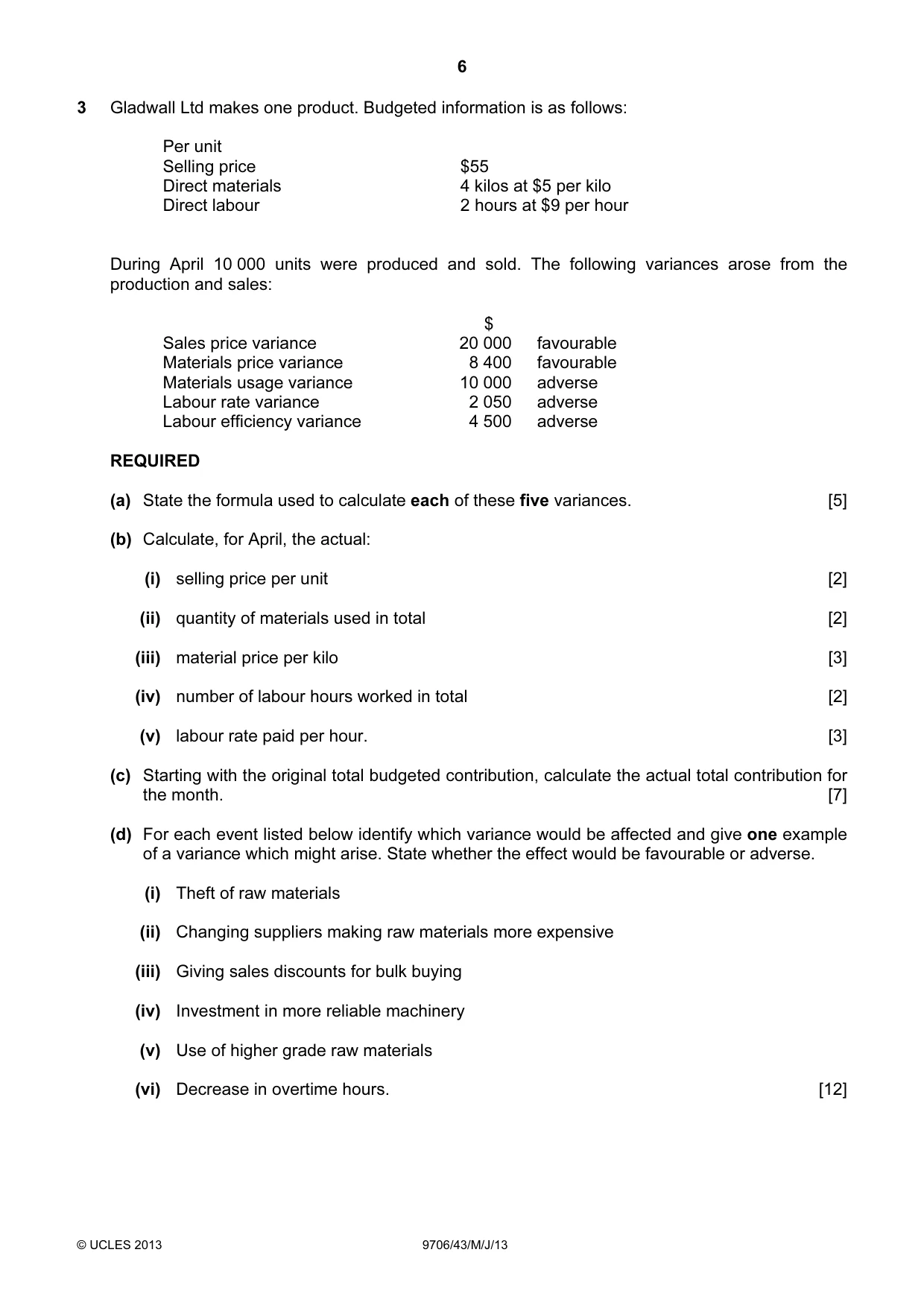 Cambridge A Level Accounting 9706 2013 May/June Paper 4 · Variant 3 question paper, page 6 of 8