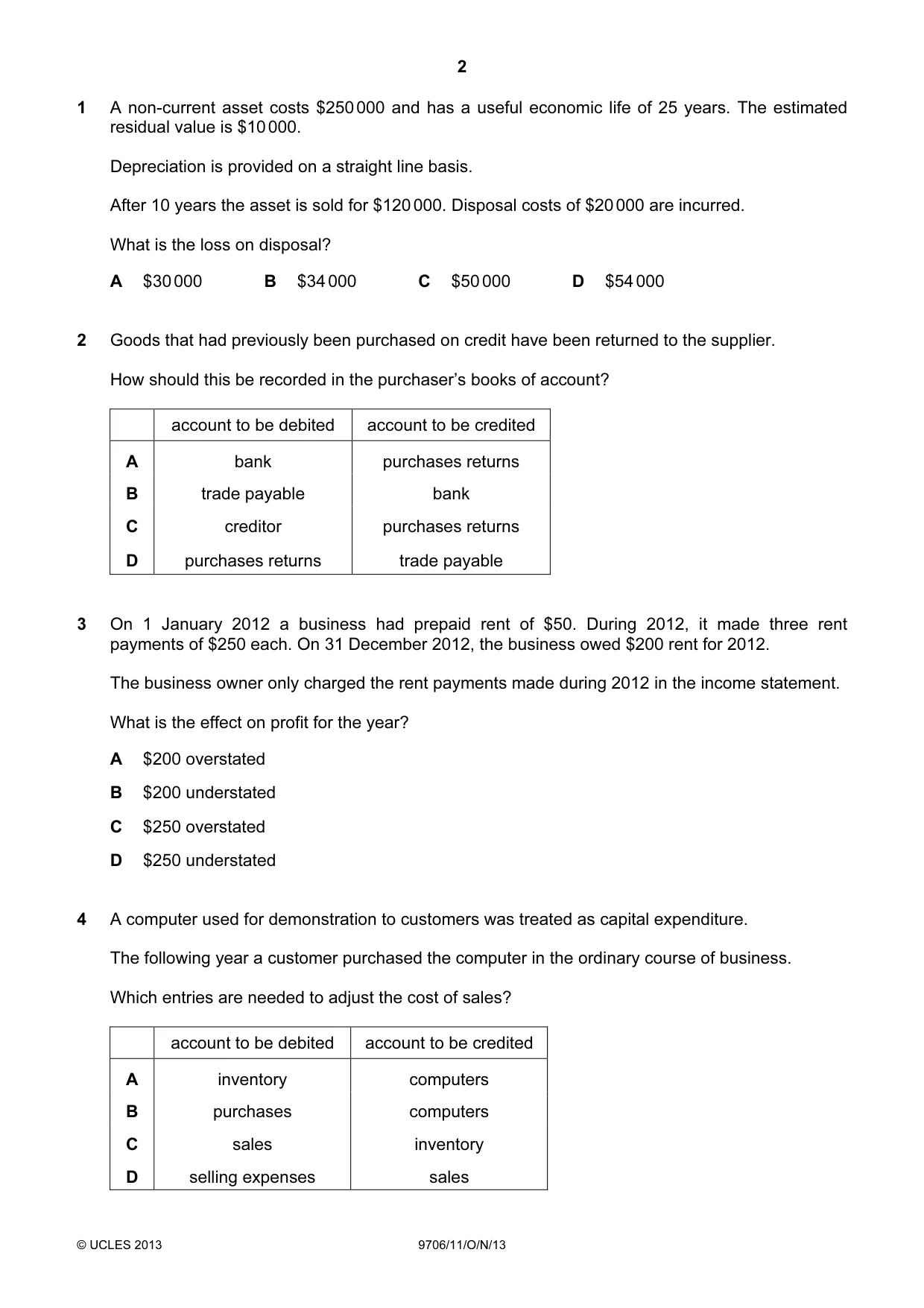 Cambridge A Level Accounting 9706 2013 Oct/Nov Paper 1 · Variant 1 question paper, page 2 of 12