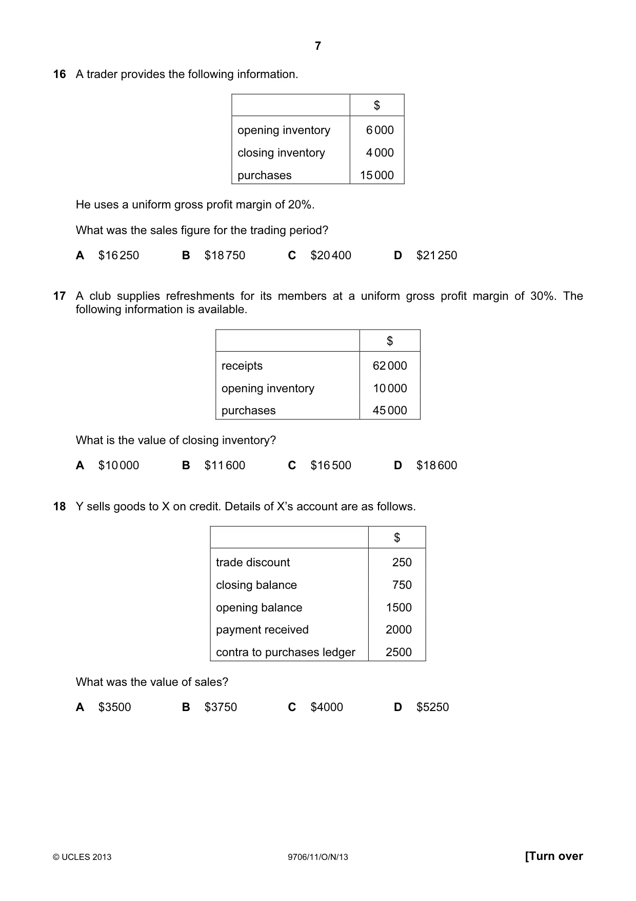 Cambridge A Level Accounting 9706 2013 Oct/Nov Paper 1 · Variant 1 question paper, page 7 of 12