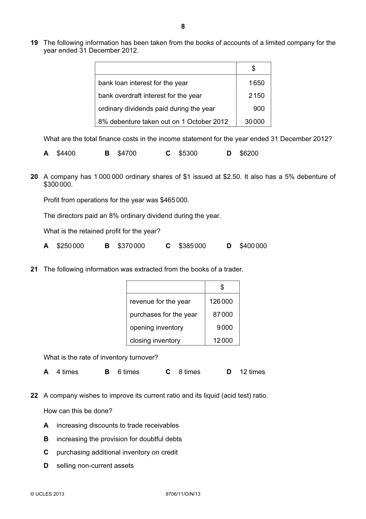 Cambridge A Level Accounting 9706 2013 Oct/Nov Paper 1 · Variant 1 question paper, page 8 of 12