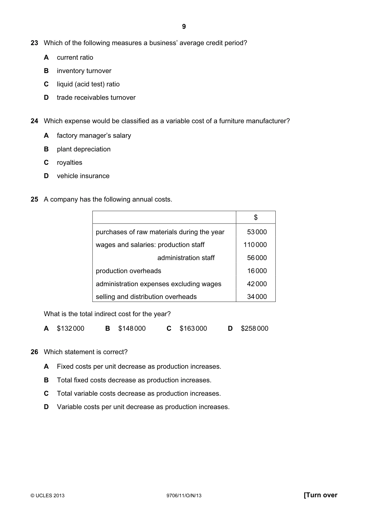 Cambridge A Level Accounting 9706 2013 Oct/Nov Paper 1 · Variant 1 question paper, page 9 of 12