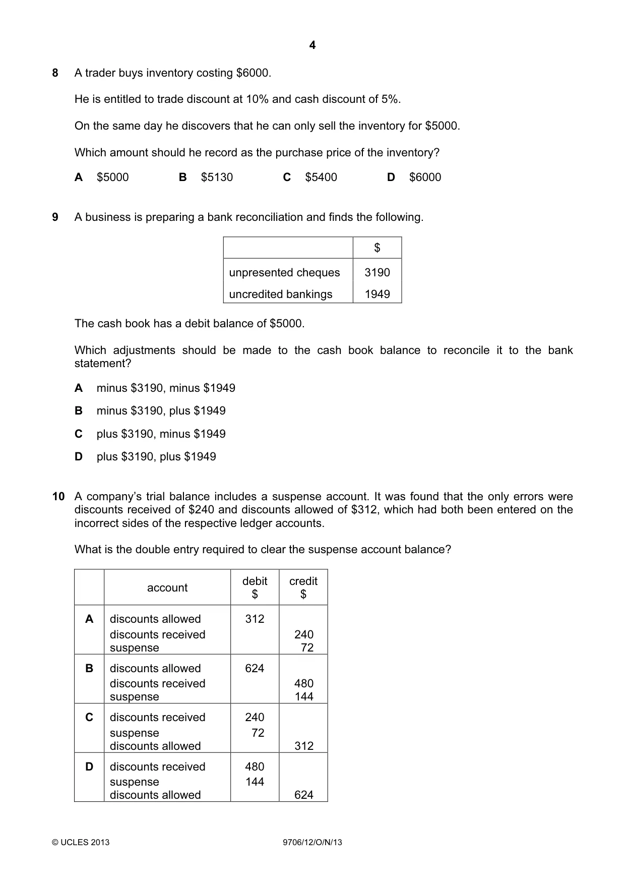 Cambridge A Level Accounting 9706 2013 Oct/Nov Paper 1 · Variant 2 question paper, page 4 of 12