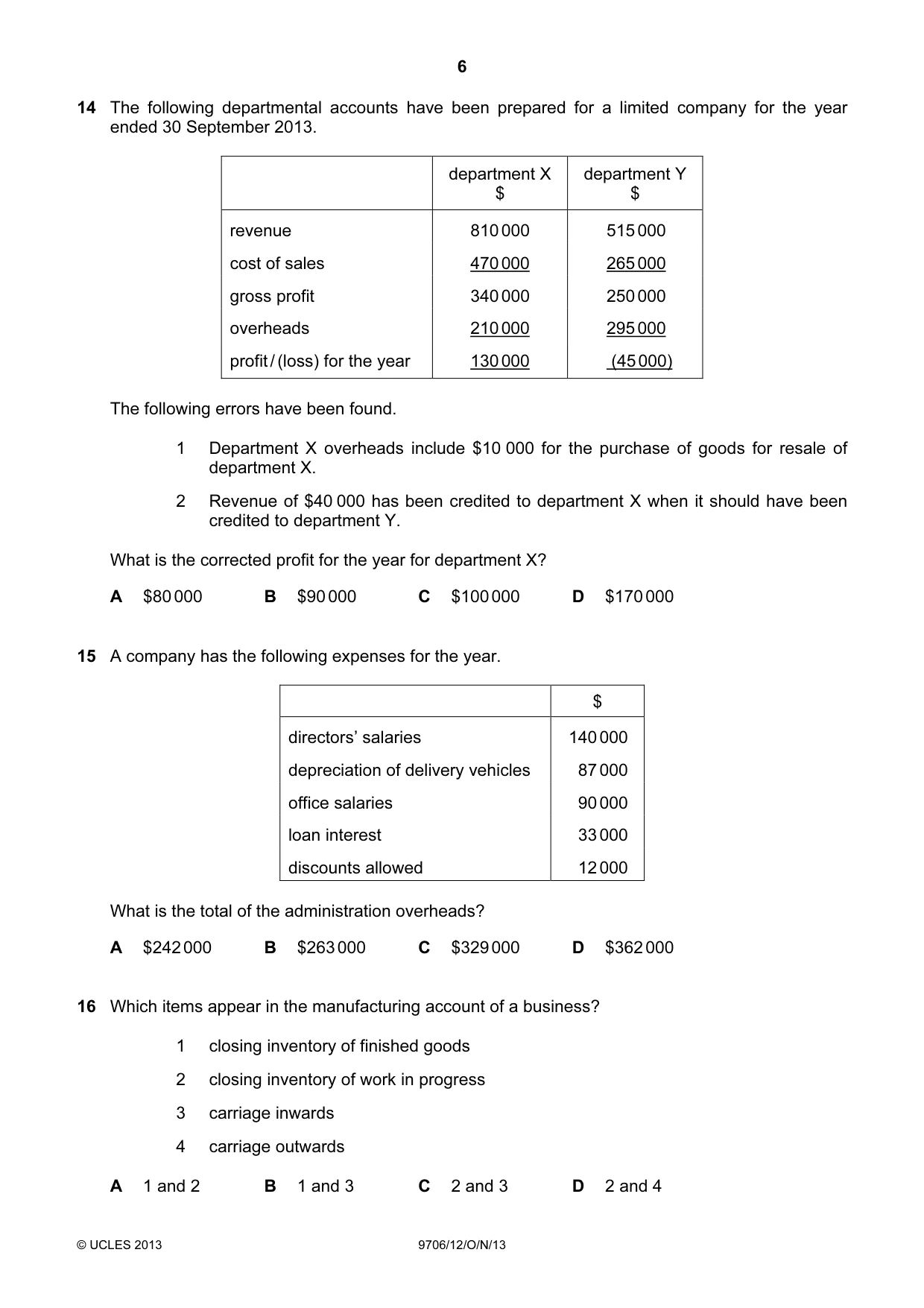 Cambridge A Level Accounting 9706 2013 Oct/Nov Paper 1 · Variant 2 question paper, page 6 of 12