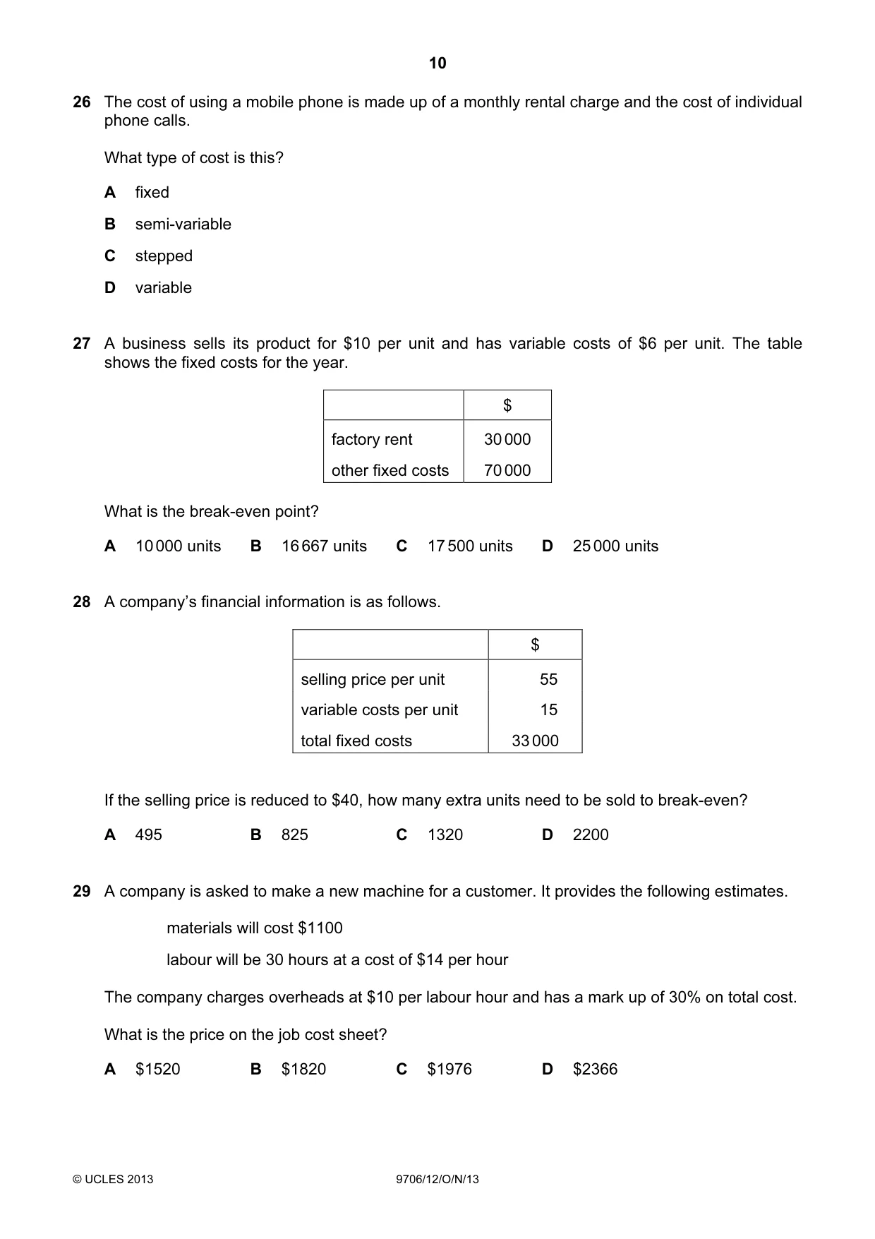 Cambridge A Level Accounting 9706 2013 Oct/Nov Paper 1 · Variant 2 question paper, page 10 of 12