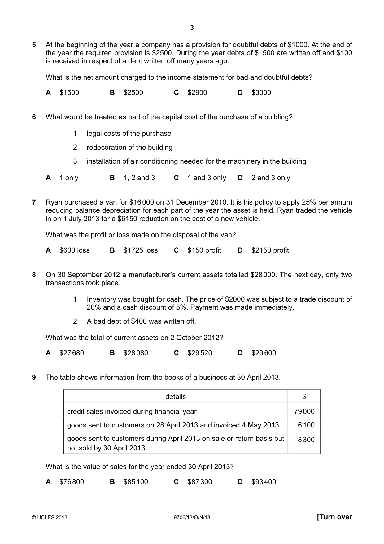 Cambridge A Level Accounting 9706 2013 Oct/Nov Paper 1 · Variant 3 question paper, page 3 of 12