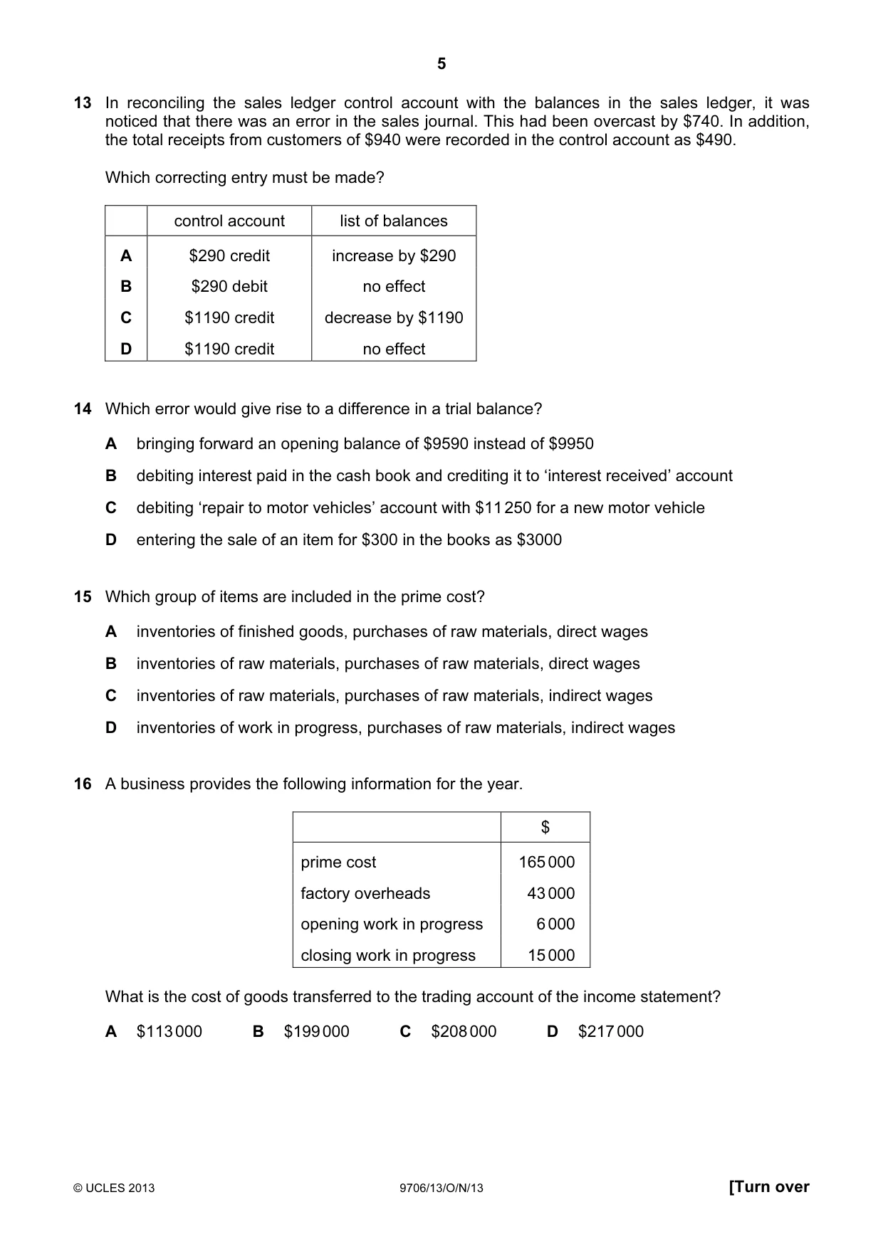 Cambridge A Level Accounting 9706 2013 Oct/Nov Paper 1 · Variant 3 question paper, page 5 of 12