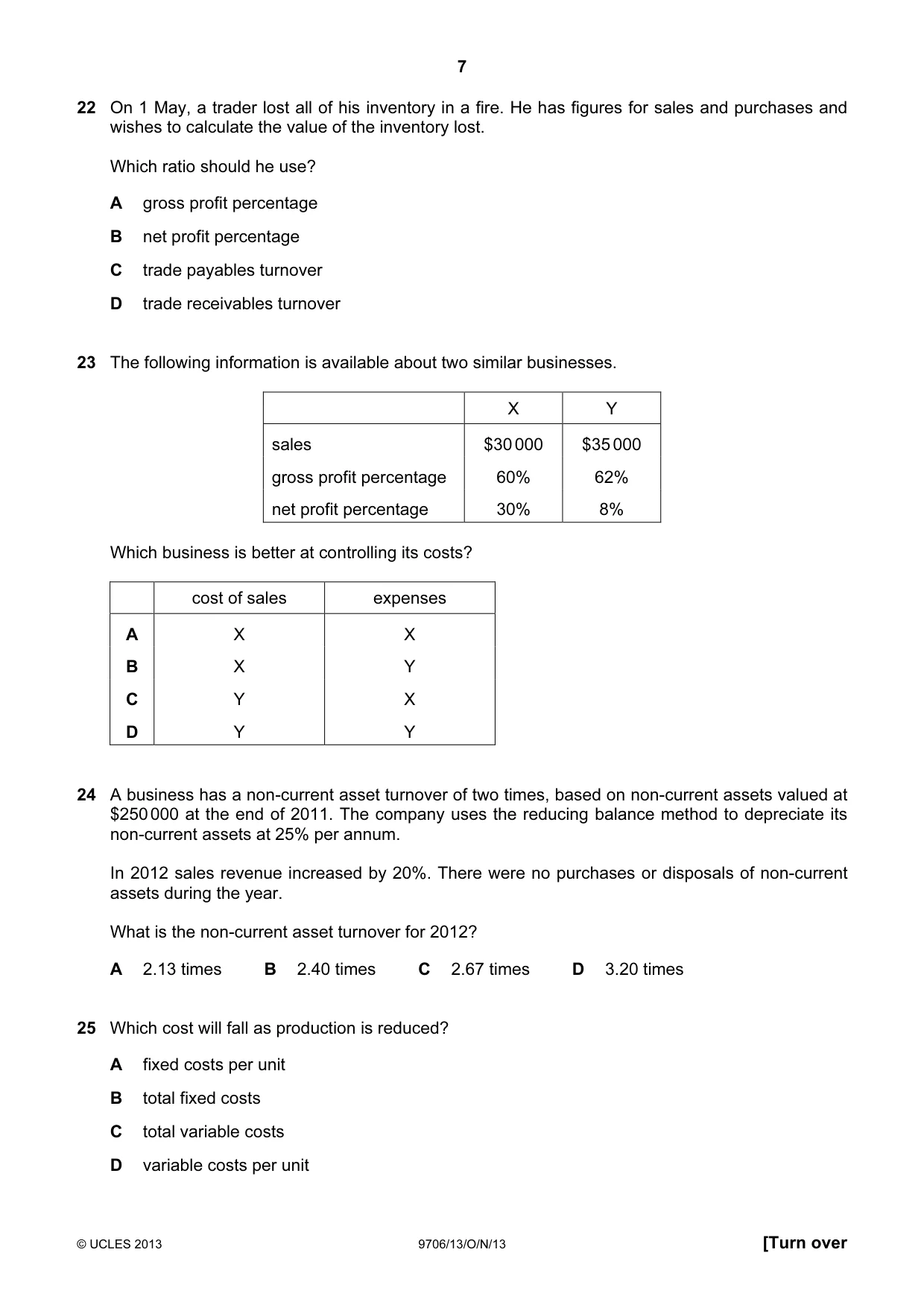 Cambridge A Level Accounting 9706 2013 Oct/Nov Paper 1 · Variant 3 question paper, page 7 of 12