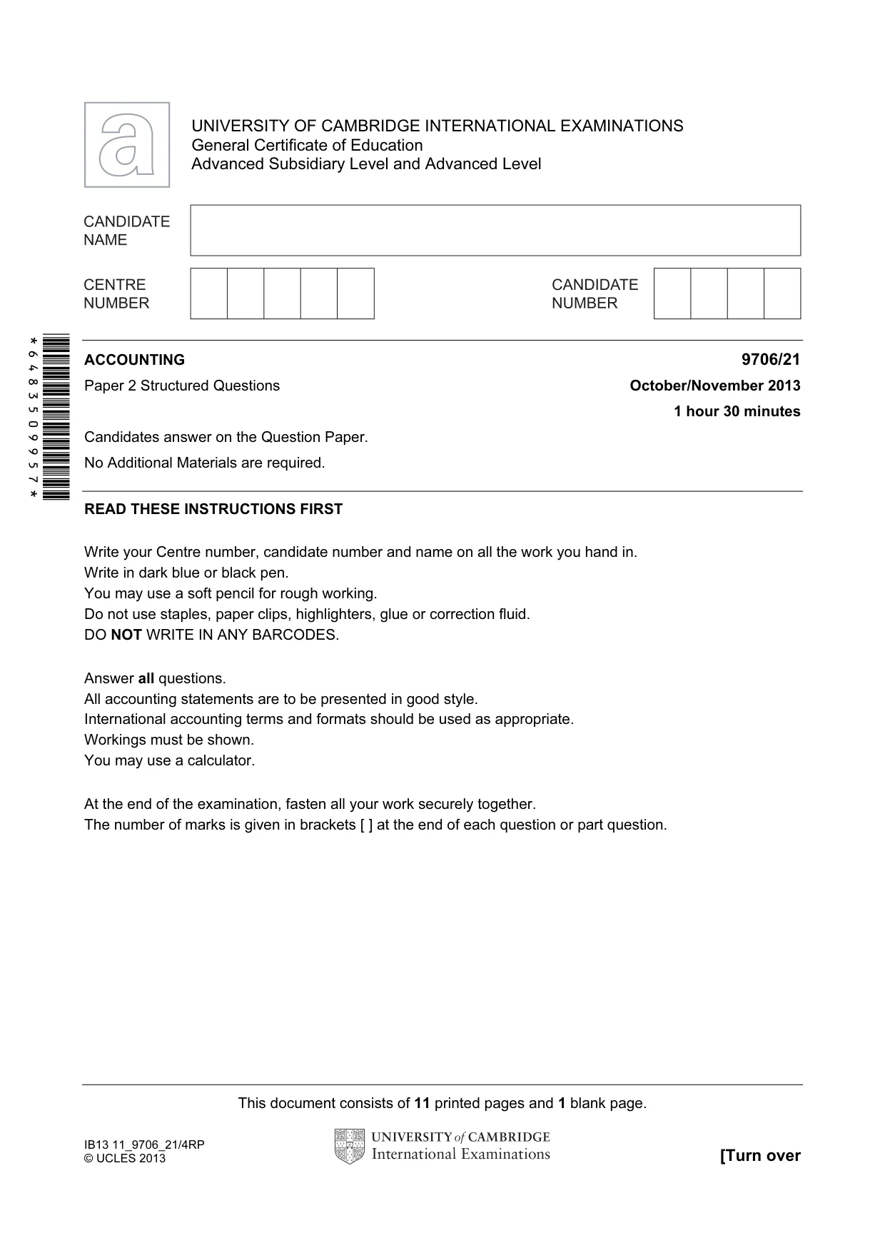 Cambridge A Level Accounting 9706 2013 Oct/Nov Paper 2 · Variant 1 question paper, page 1 of 12