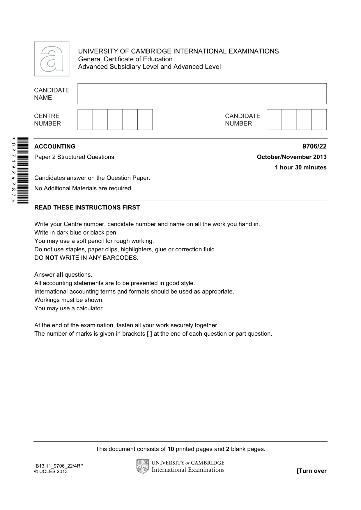 Cambridge A Level Accounting 9706 2013 Oct/Nov Paper 2 · Variant 2 question paper, page 1 of 12