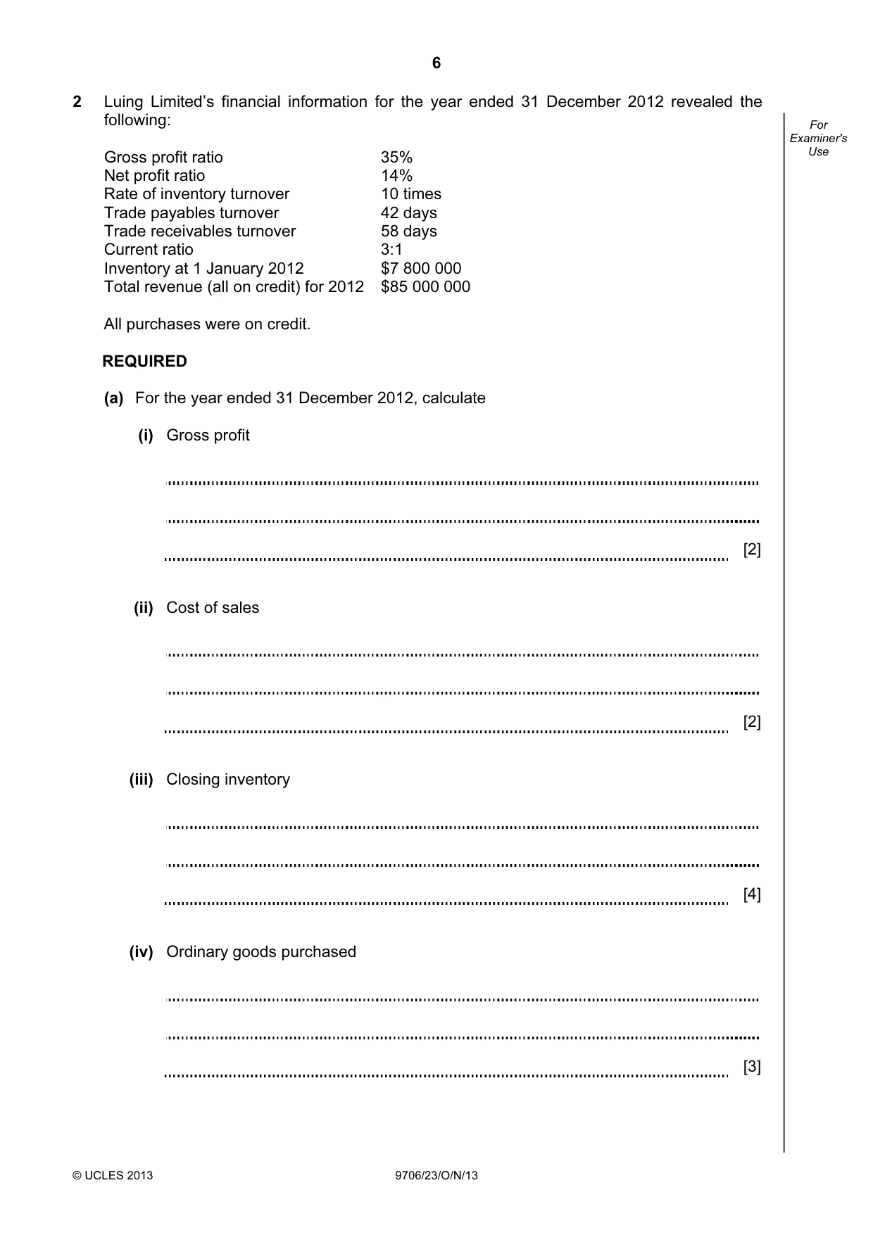 Cambridge A Level Accounting 9706 2013 Oct/Nov Paper 2 · Variant 3 question paper, page 6 of 12