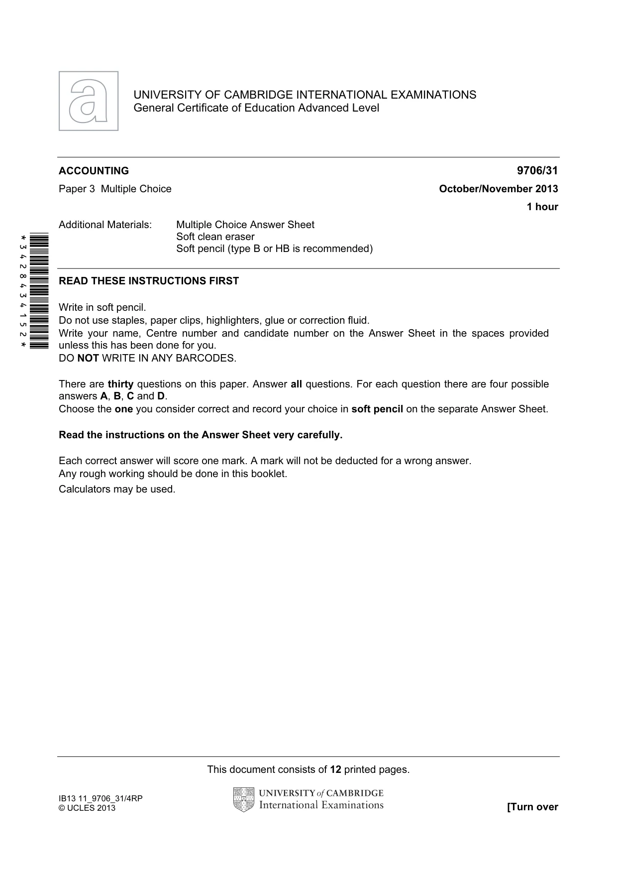 Cambridge A Level Accounting 9706 2013 Oct/Nov Paper 3 · Variant 1 question paper, page 1 of 12