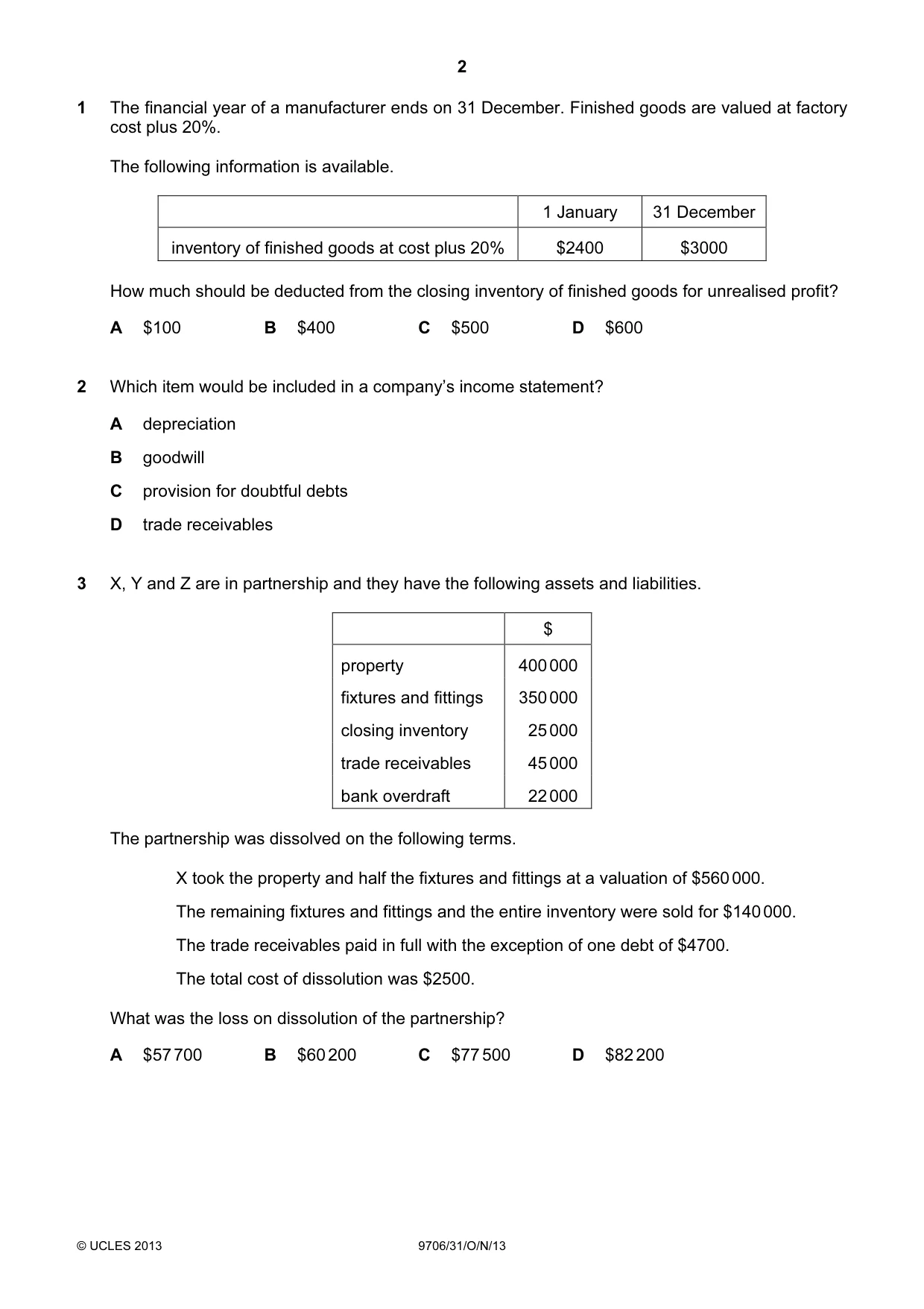 Cambridge A Level Accounting 9706 2013 Oct/Nov Paper 3 · Variant 1 question paper, page 2 of 12