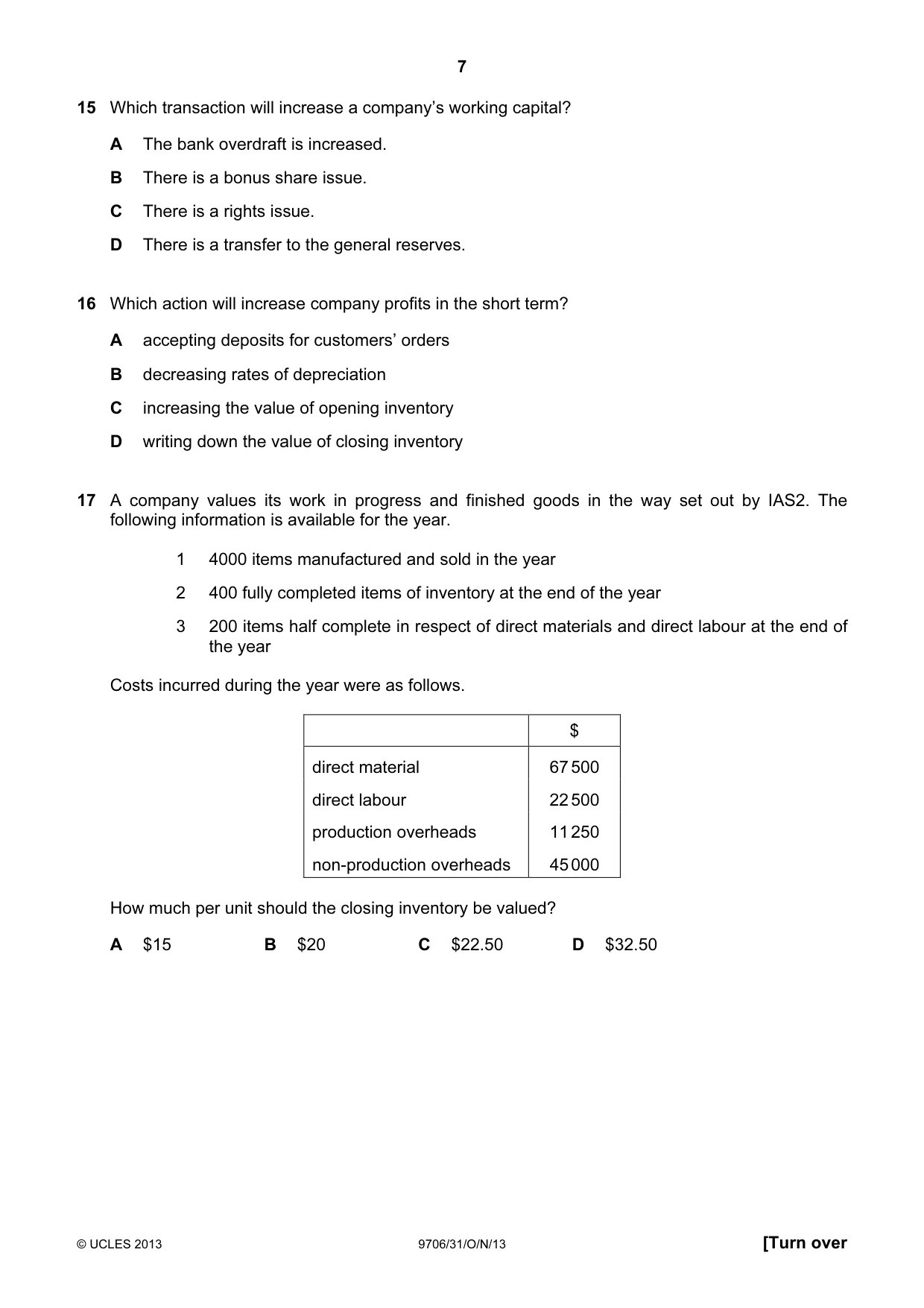 Cambridge A Level Accounting 9706 2013 Oct/Nov Paper 3 · Variant 1 question paper, page 7 of 12