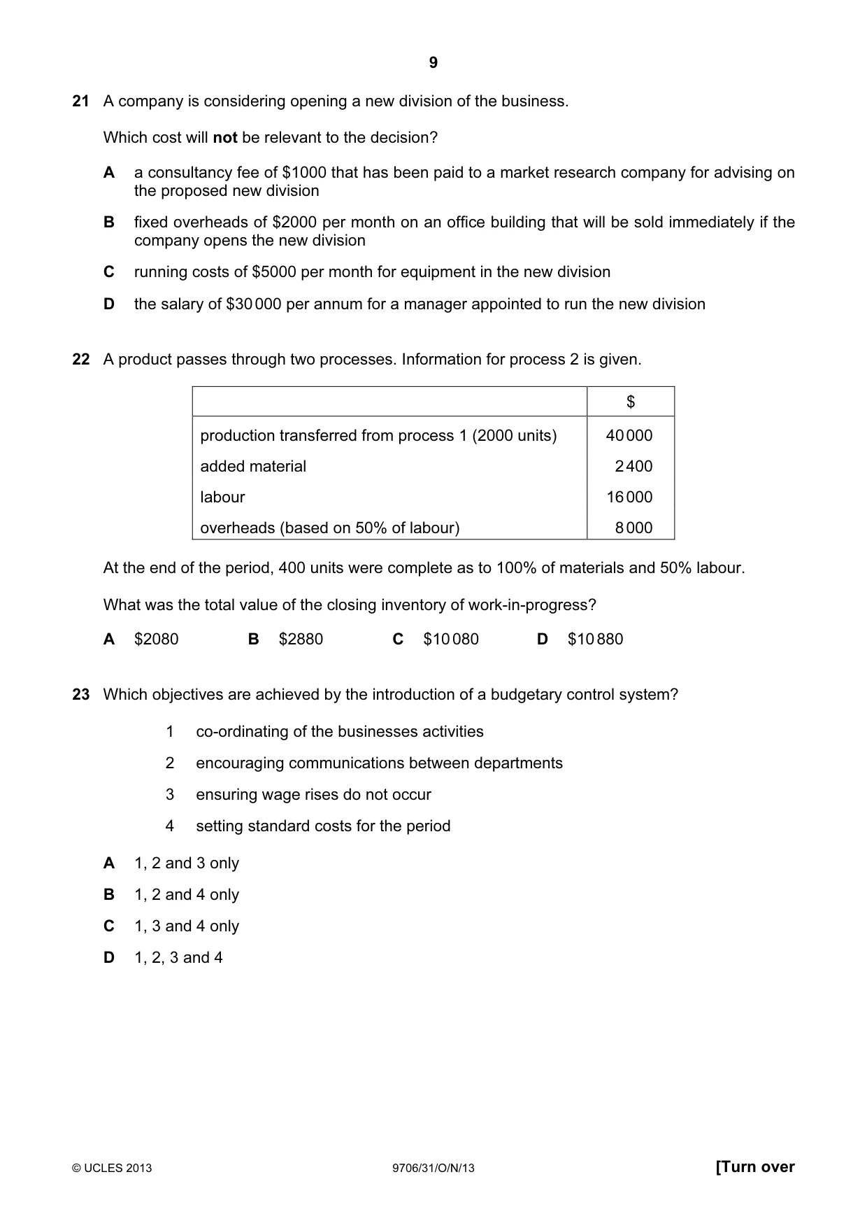 Cambridge A Level Accounting 9706 2013 Oct/Nov Paper 3 · Variant 1 question paper, page 9 of 12