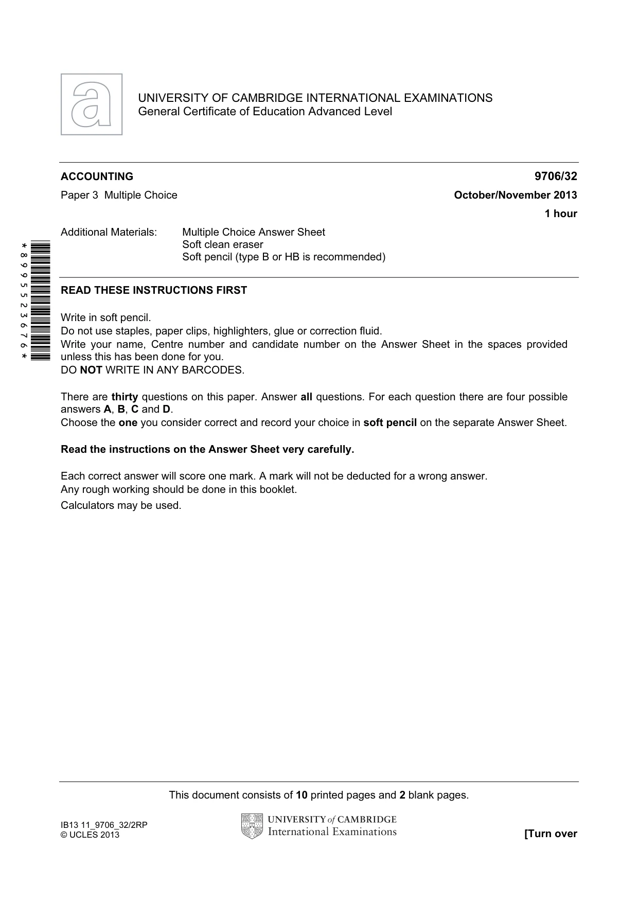 Cambridge A Level Accounting 9706 2013 Oct/Nov Paper 3 · Variant 2 question paper, page 1 of 12