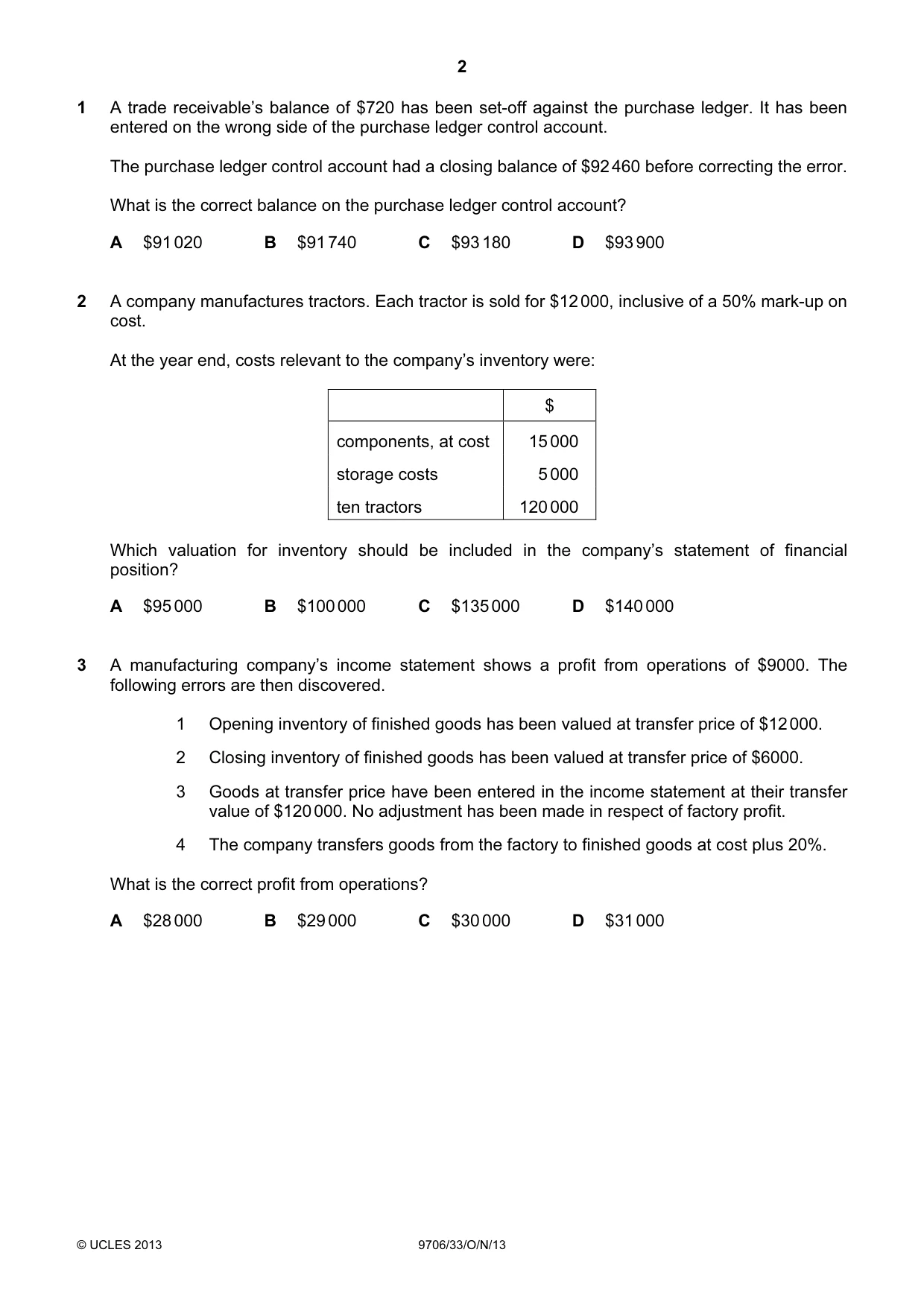 Cambridge A Level Accounting 9706 2013 Oct/Nov Paper 3 · Variant 3 question paper, page 2 of 16