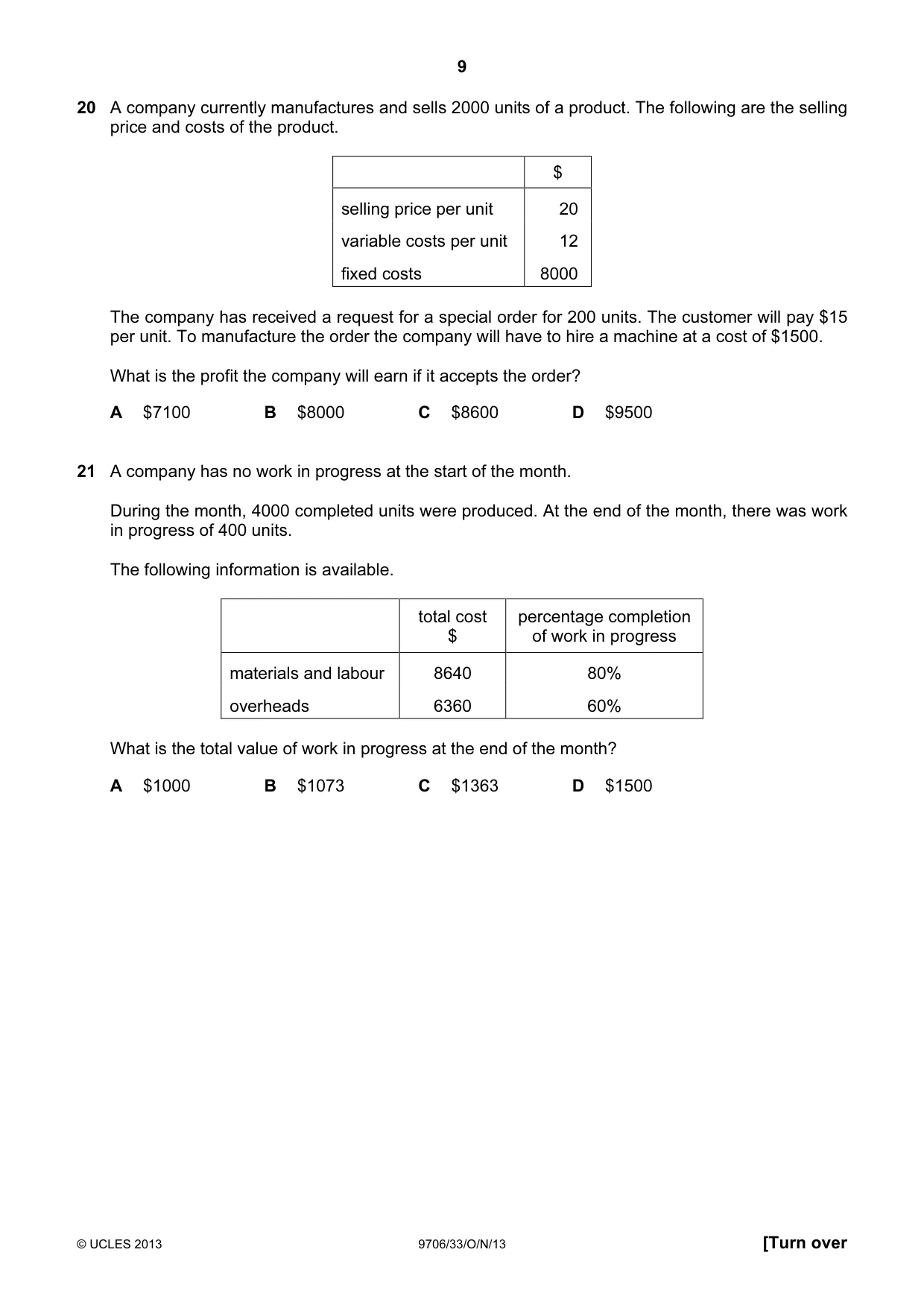 Cambridge A Level Accounting 9706 2013 Oct/Nov Paper 3 · Variant 3 question paper, page 9 of 16