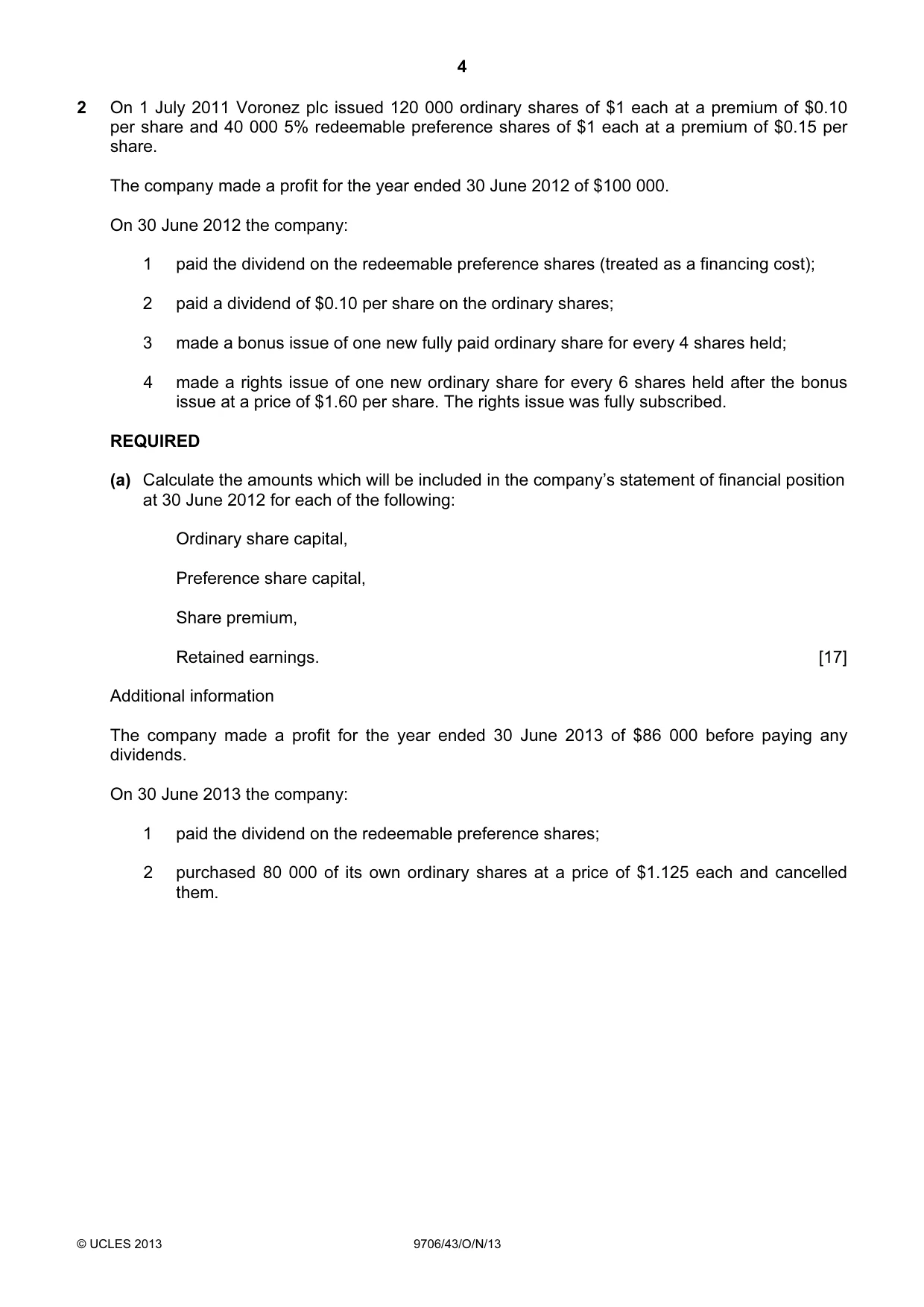 Cambridge A Level Accounting 9706 2013 Oct/Nov Paper 4 · Variant 3 question paper, page 4 of 8