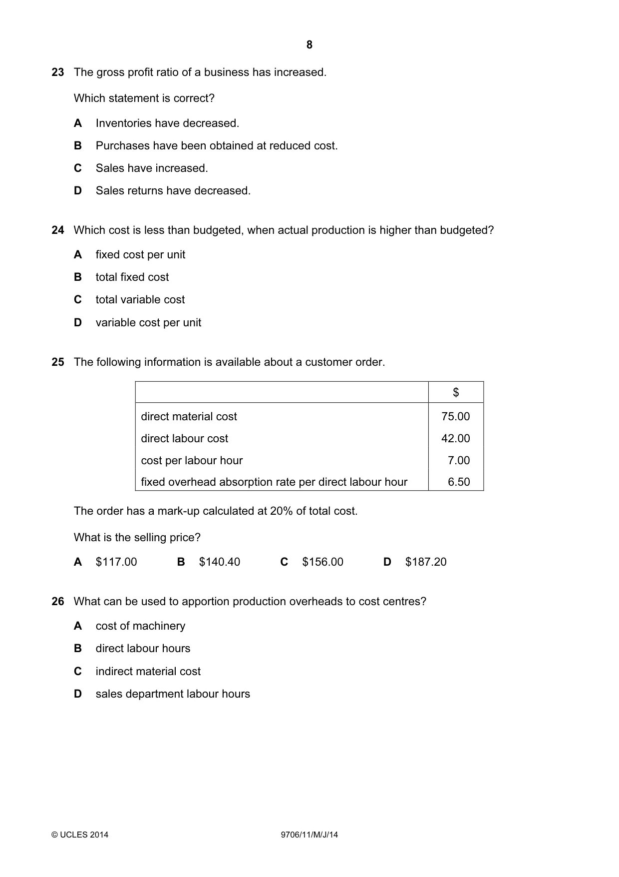 Cambridge A Level Accounting 9706 2014 May/June Paper 1 · Variant 1 question paper, page 8 of 12
