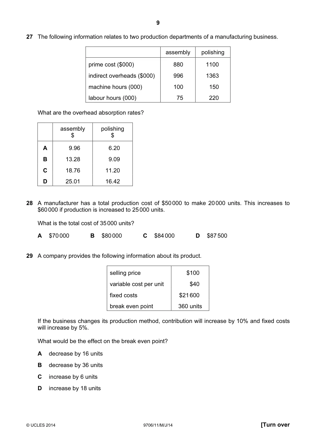 Cambridge A Level Accounting 9706 2014 May/June Paper 1 · Variant 1 question paper, page 9 of 12