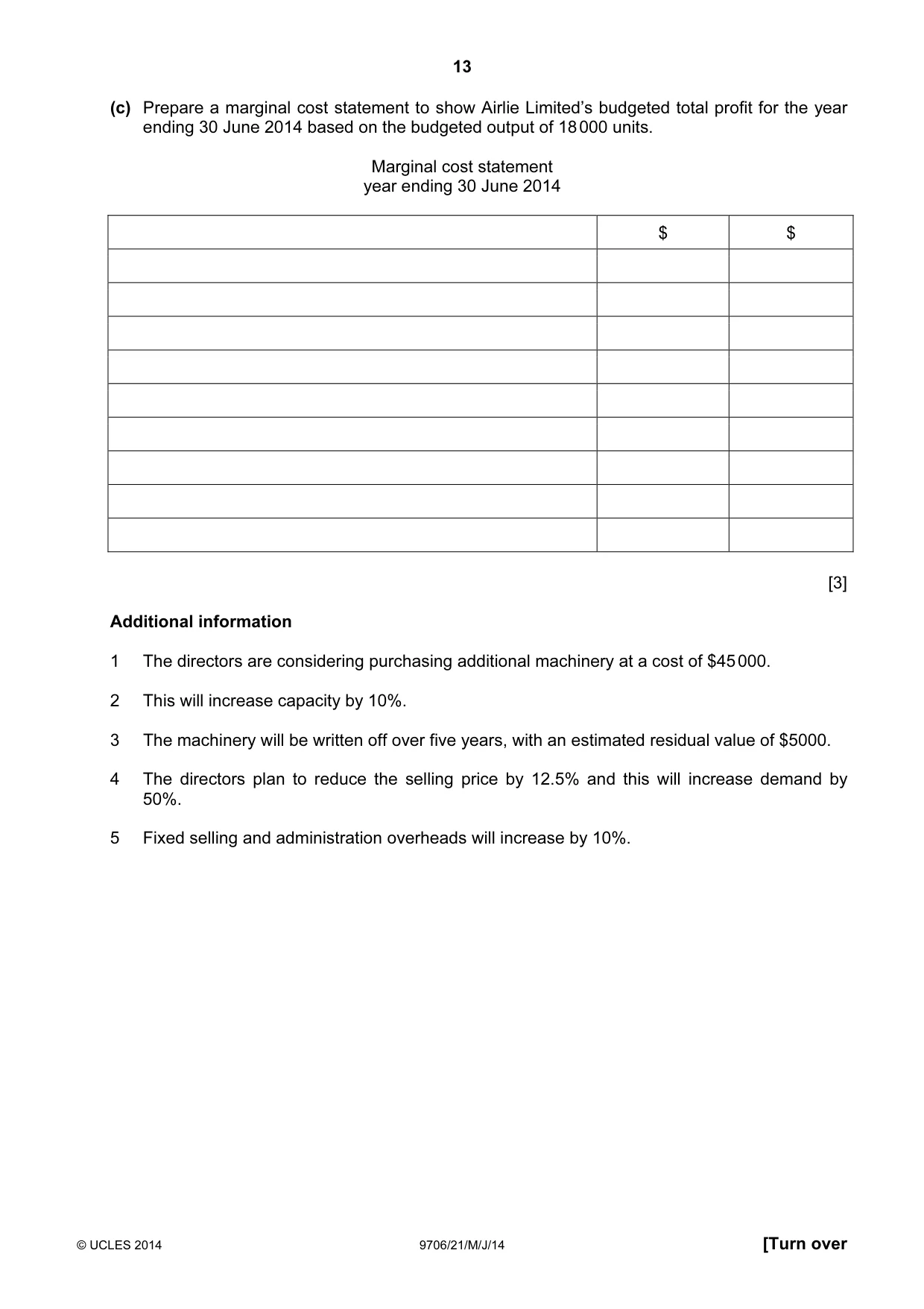 Cambridge A Level Accounting 9706 2014 May/June Paper 2 · Variant 1 question paper, page 13 of 16
