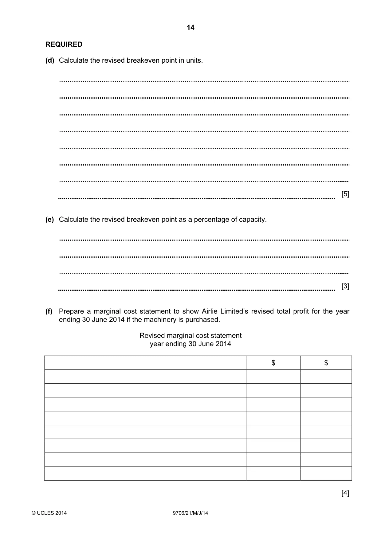 Cambridge A Level Accounting 9706 2014 May/June Paper 2 · Variant 1 question paper, page 14 of 16